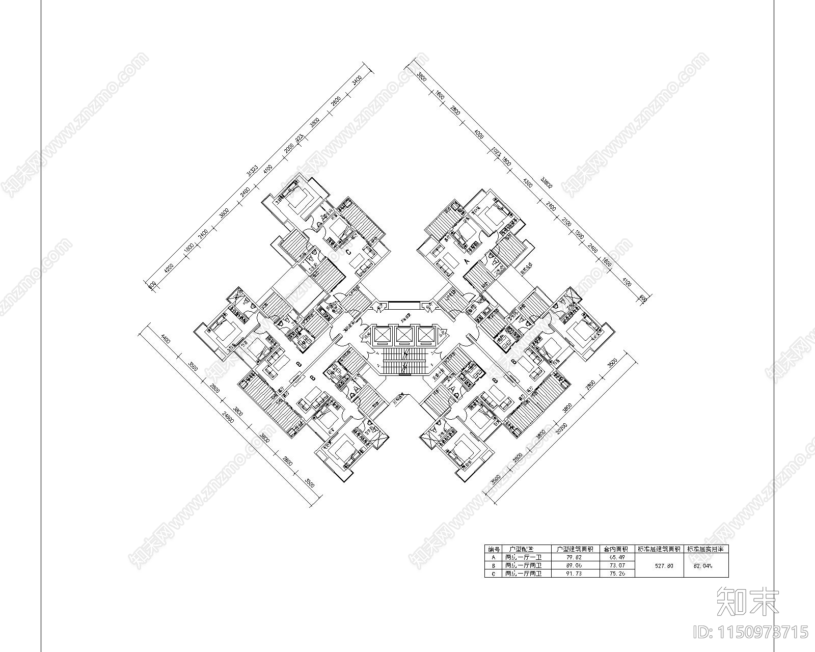 现代高层住宅蝶型家装平面图cad施工图下载【ID:1150973715】