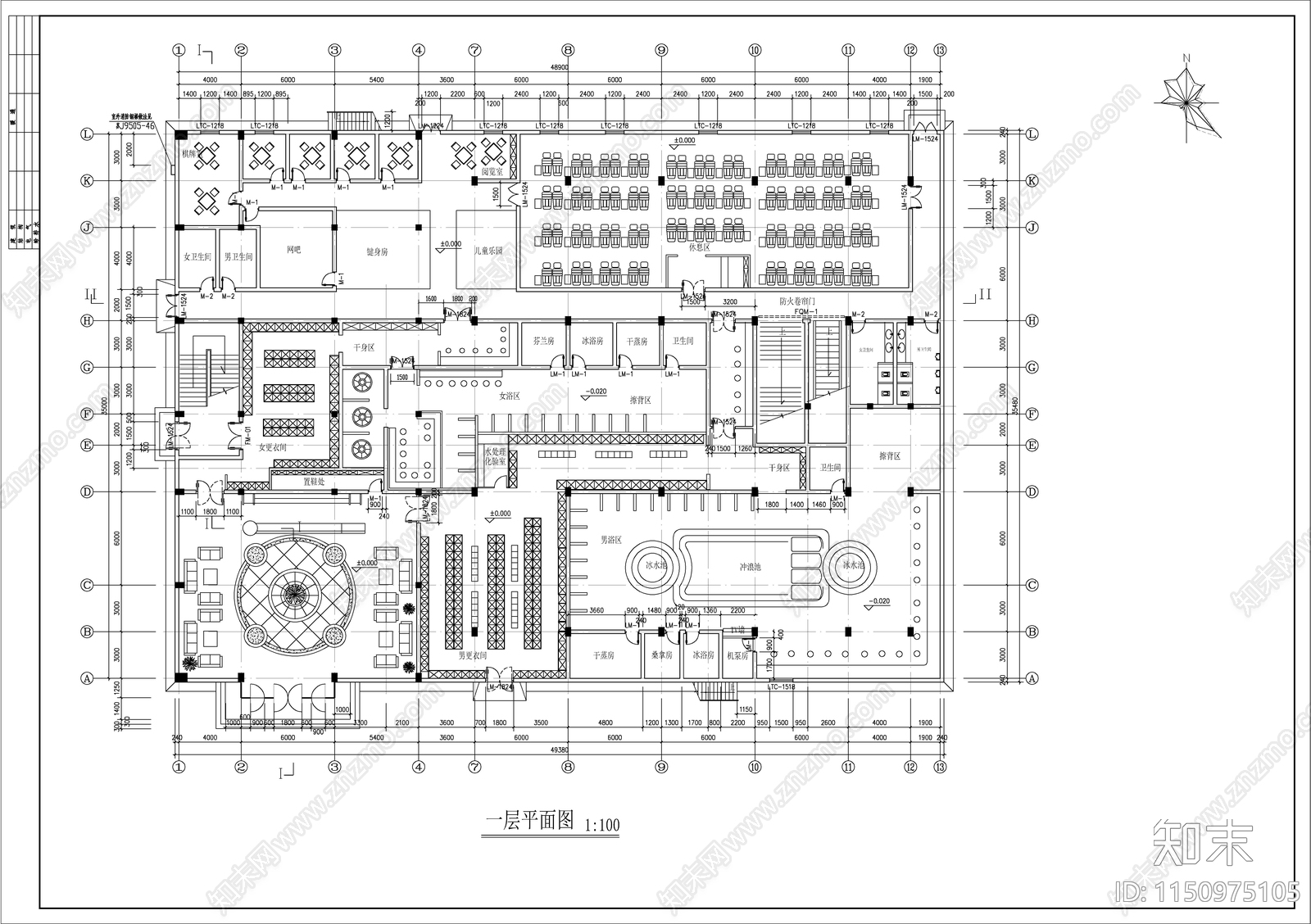 休闲中心浴场景观cad施工图下载【ID:1150975105】