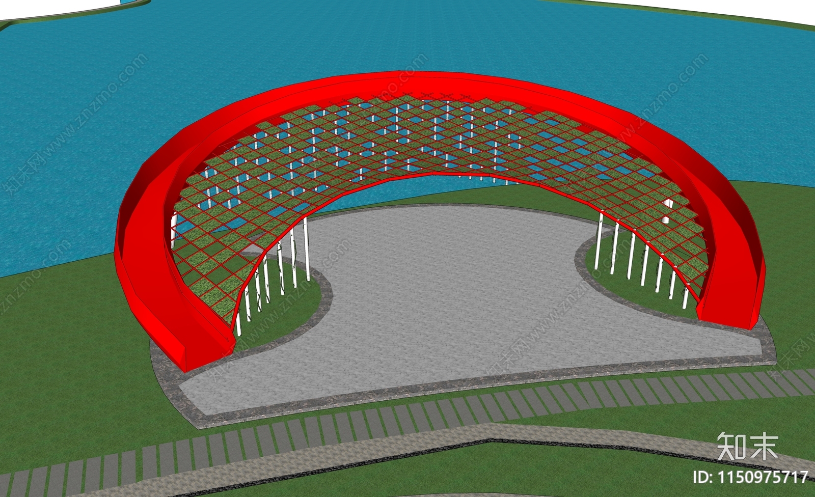 现代滨水景观人行桥SU模型下载【ID:1150975717】