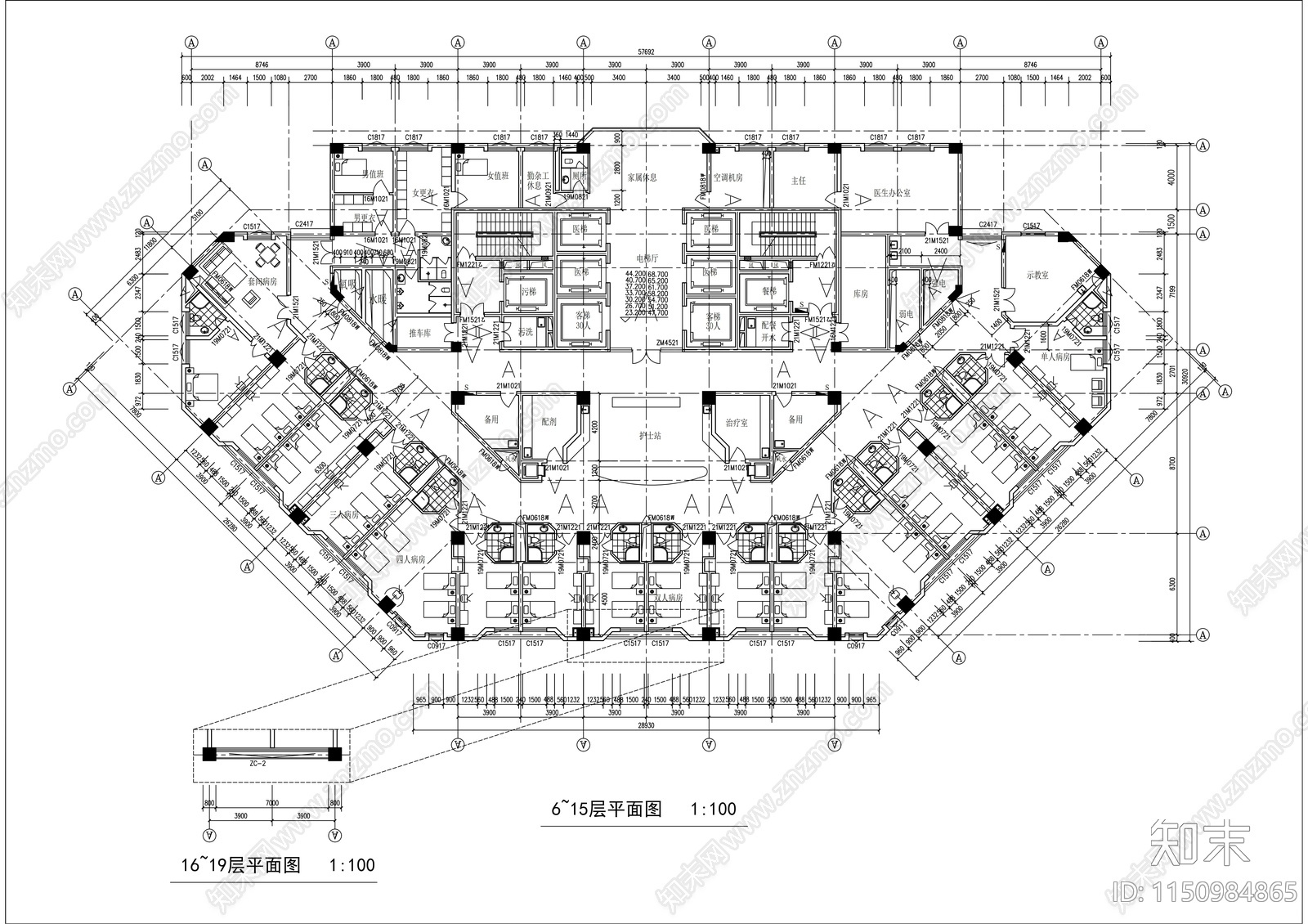 东阳市人民医院病房楼建筑cad施工图下载【ID:1150984865】