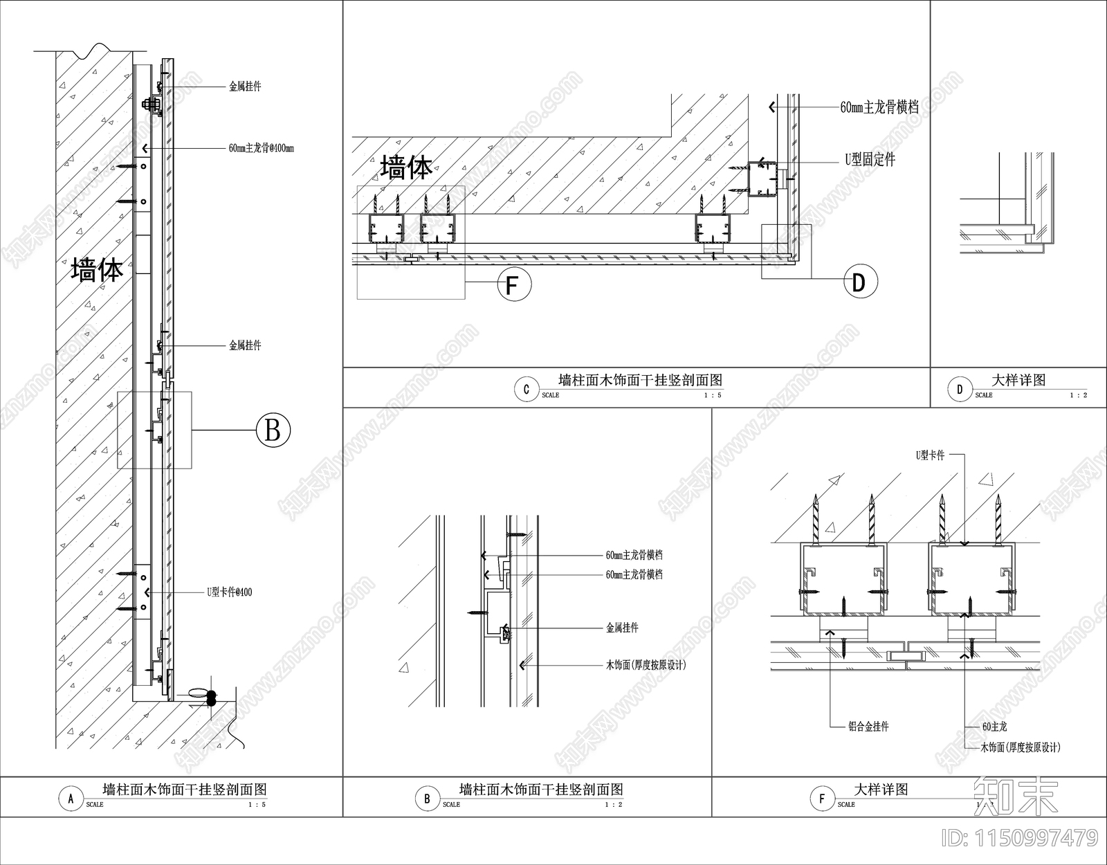 干挂木饰面节点大样图施工图下载【ID:1150997479】