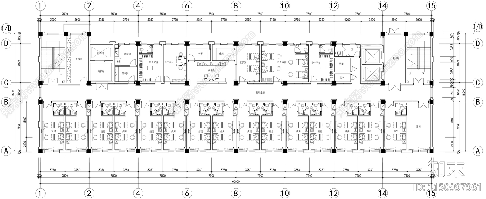 医院住院楼病房平面图施工图下载【ID:1150997961】