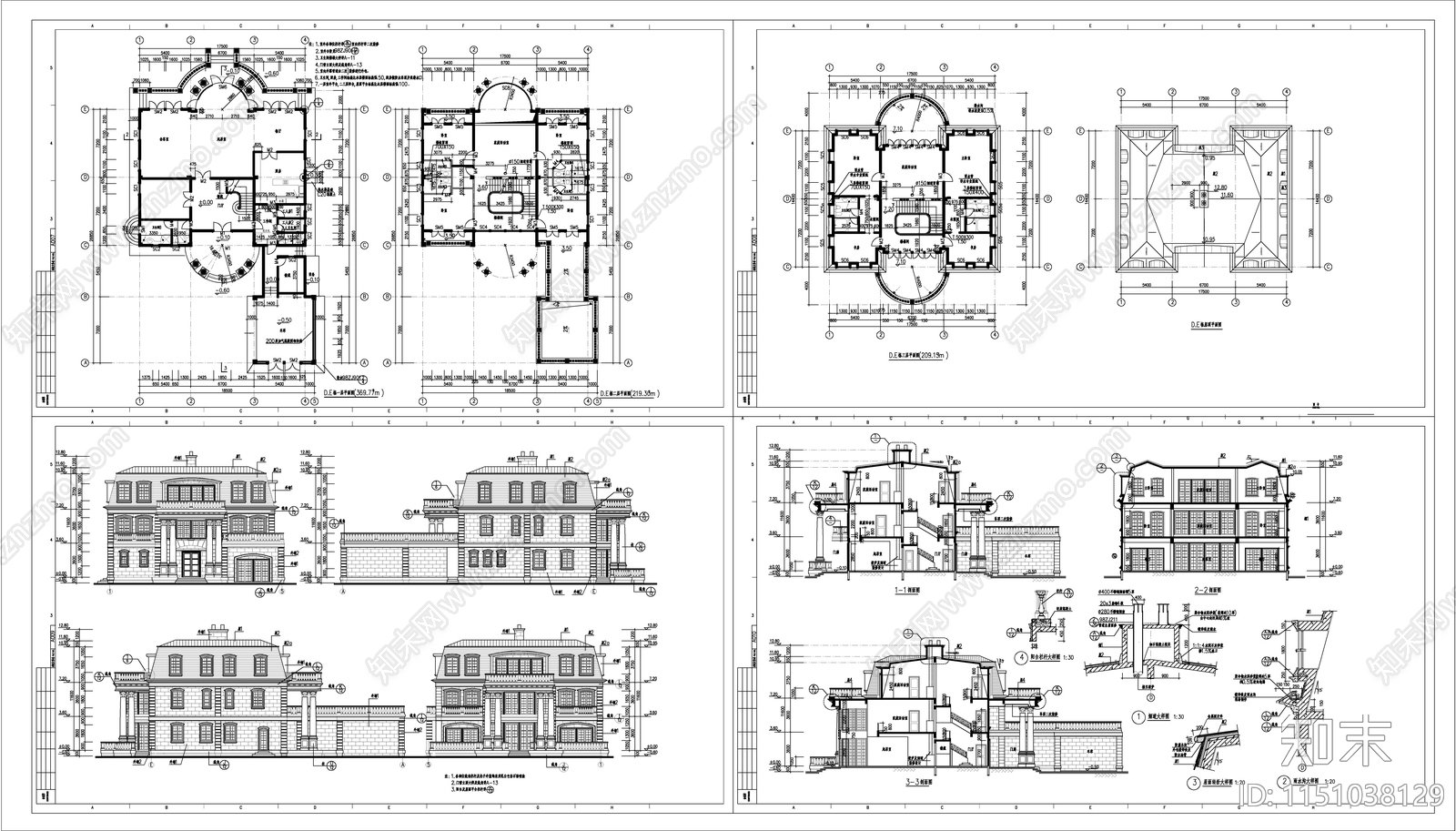 某欧式别墅建筑图cad施工图下载【ID:1151038129】