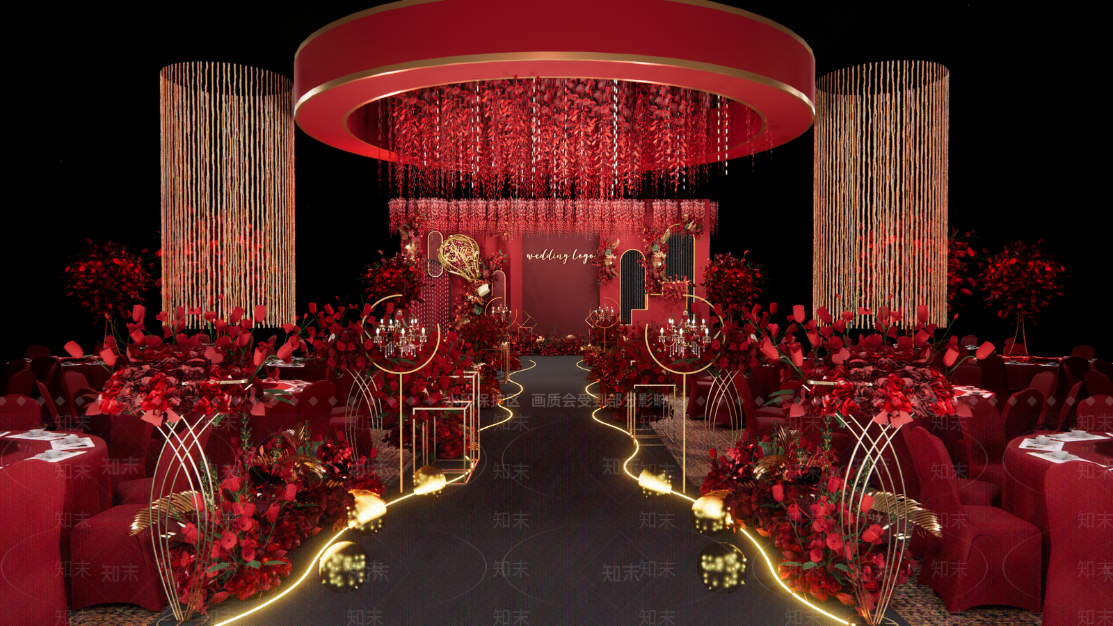 现代红色婚礼宴会厅SU模型下载【ID:1151039980】