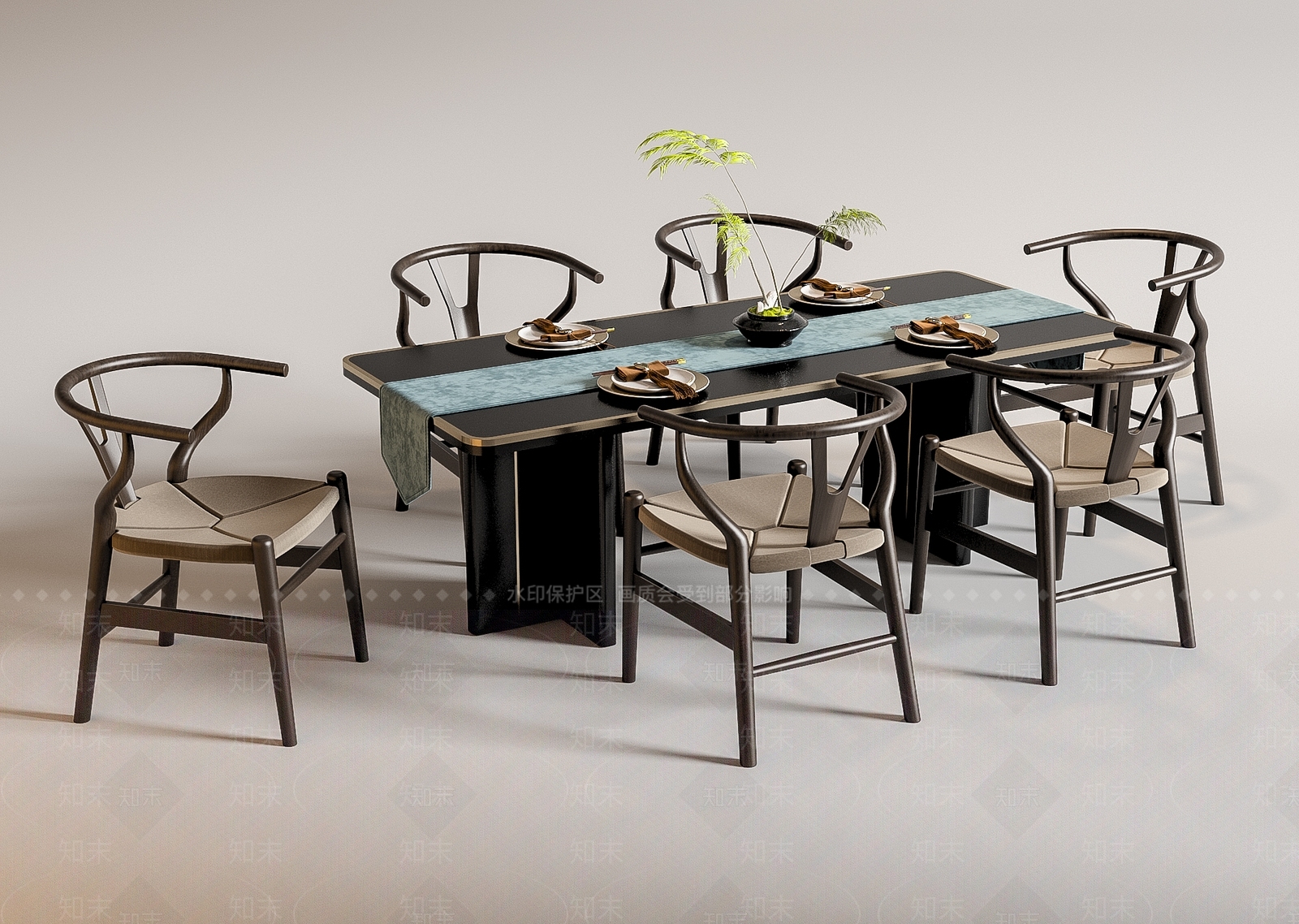 新中式餐桌椅组合3D模型下载【ID:1151043179】