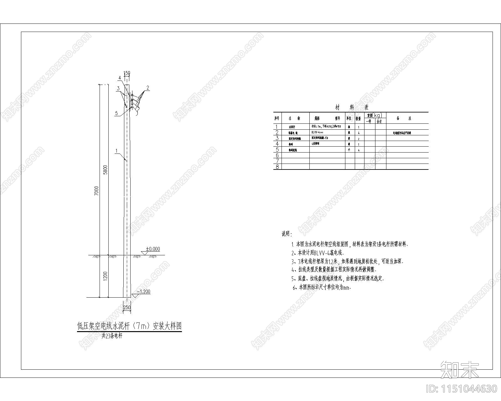 电线水泥杆安装大样图施工图下载【ID:1151044630】