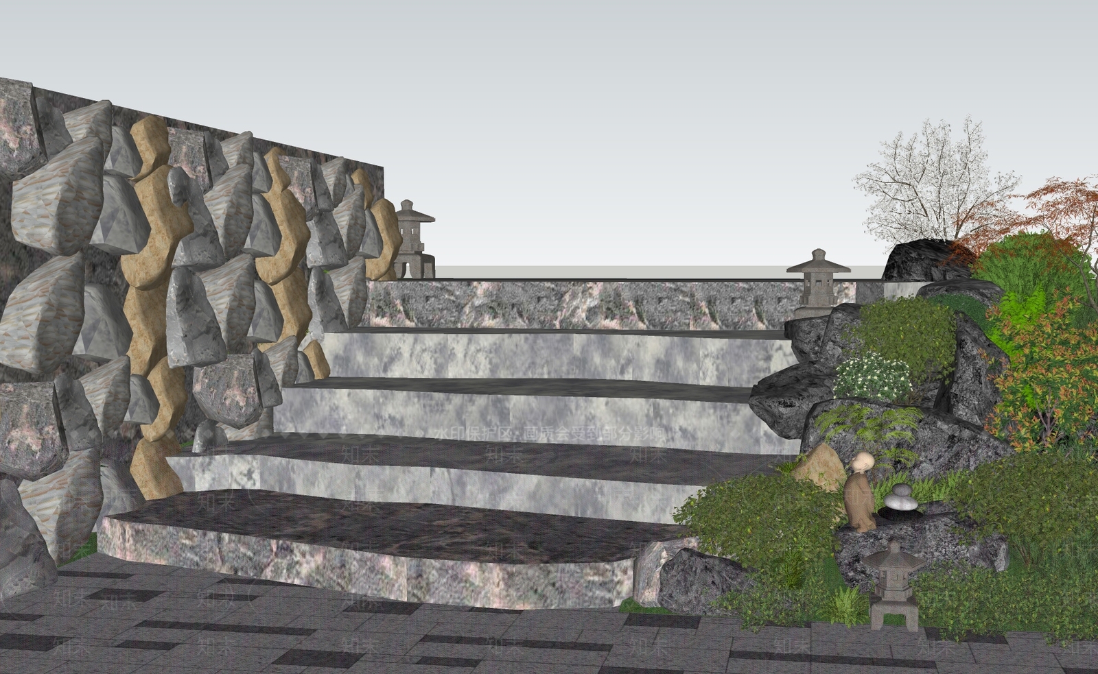 新中式台阶景观SU模型下载【ID:1151045128】