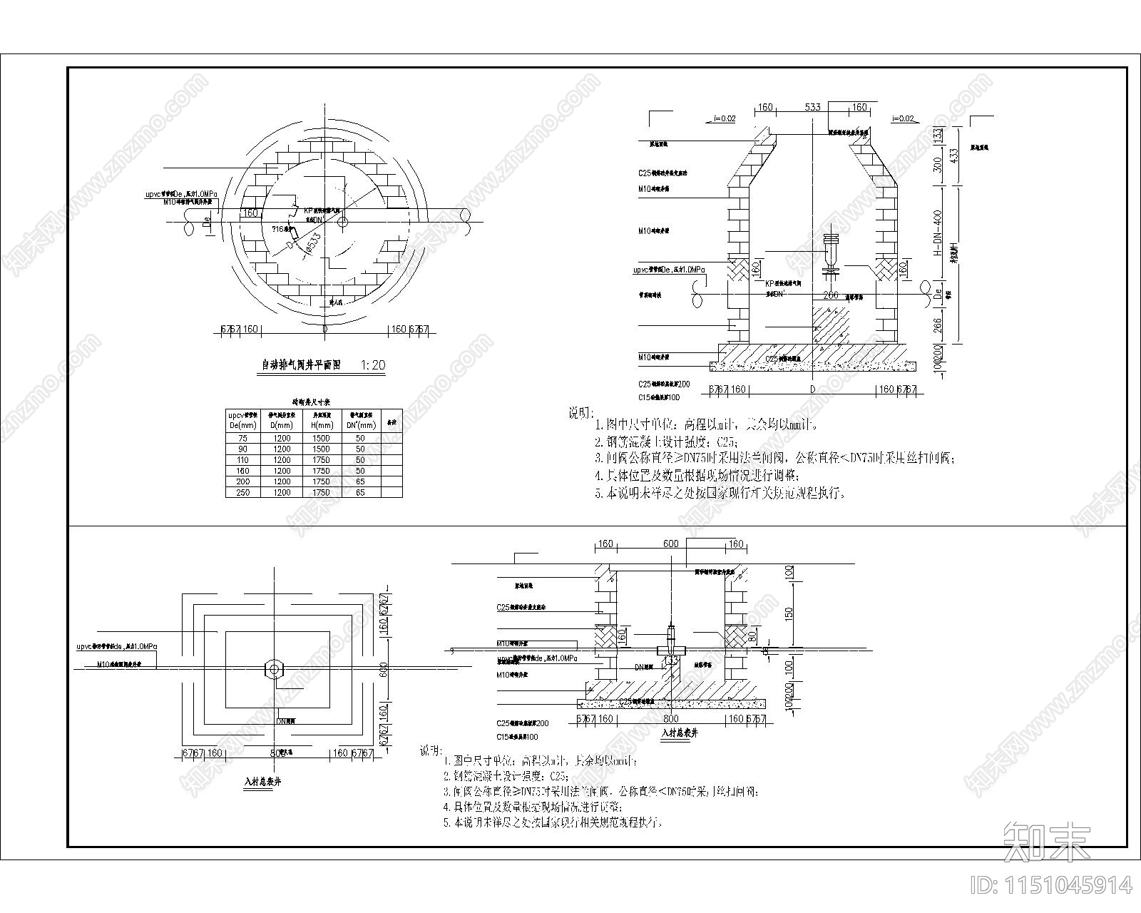 砖砌排气阀门井大样图cad施工图下载【ID:1151045914】