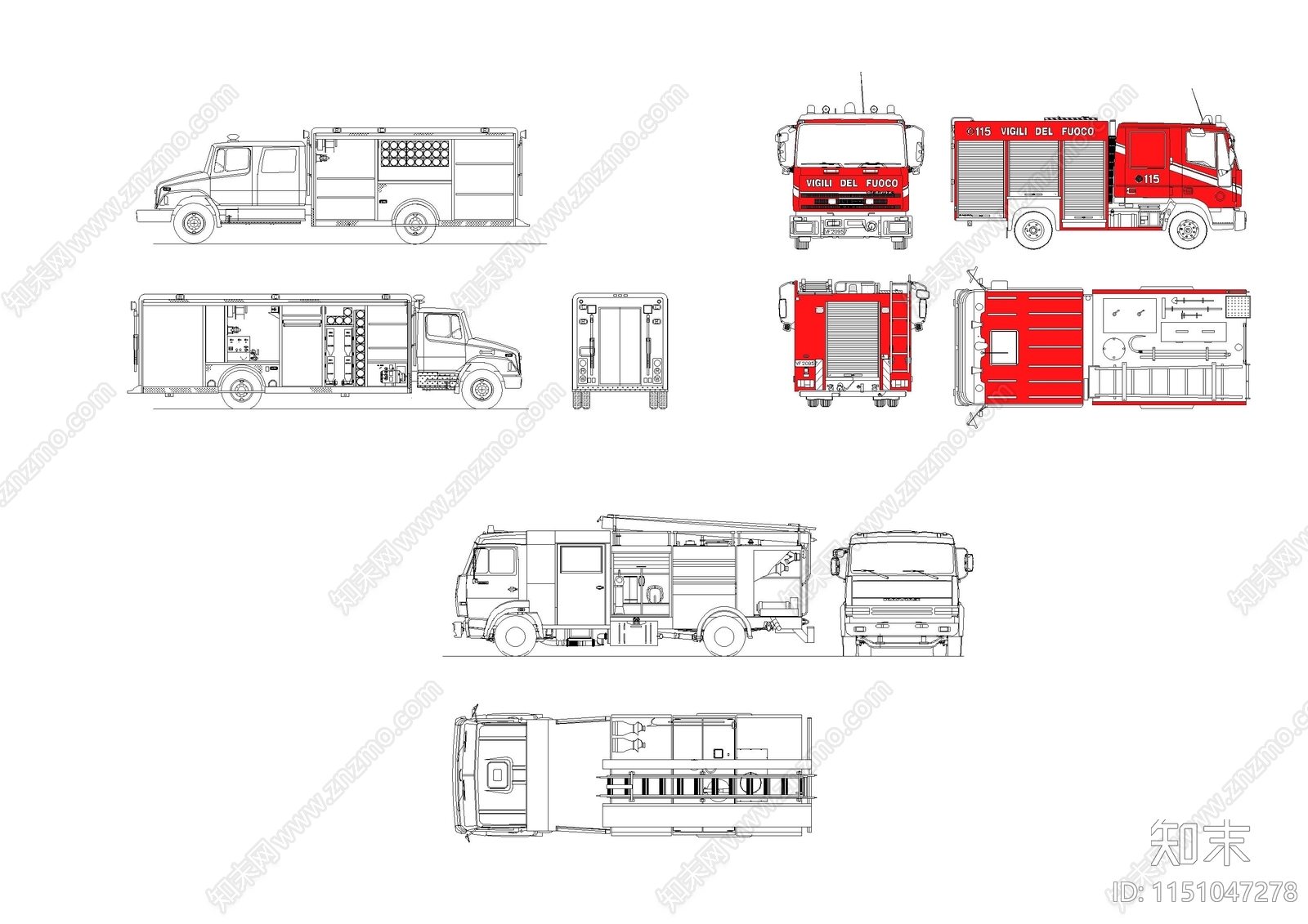 消防车三视图I拖车立面图块施工图下载【ID:1151047278】