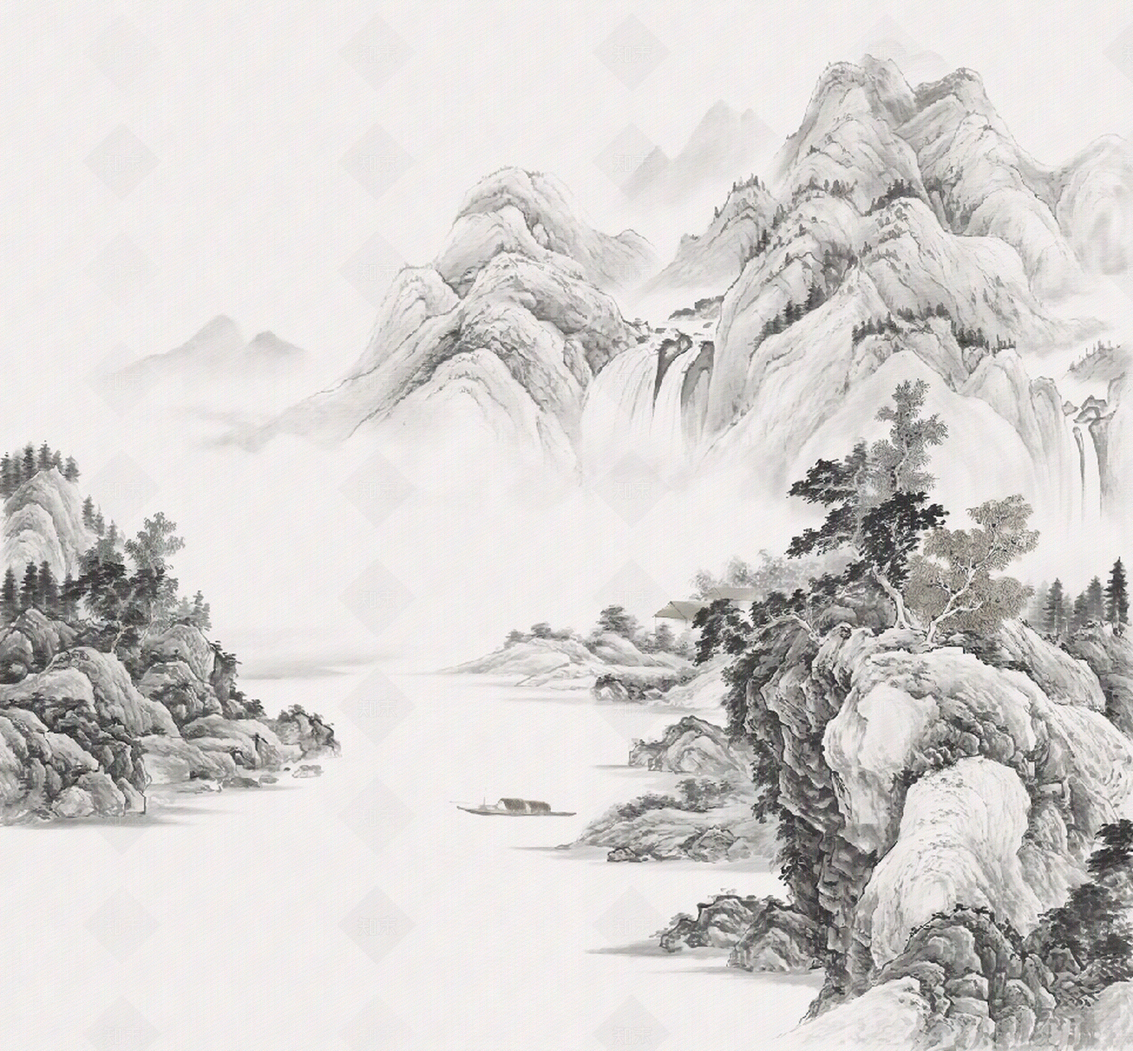 新中式山水壁画壁纸贴图下载【ID:1151054042】