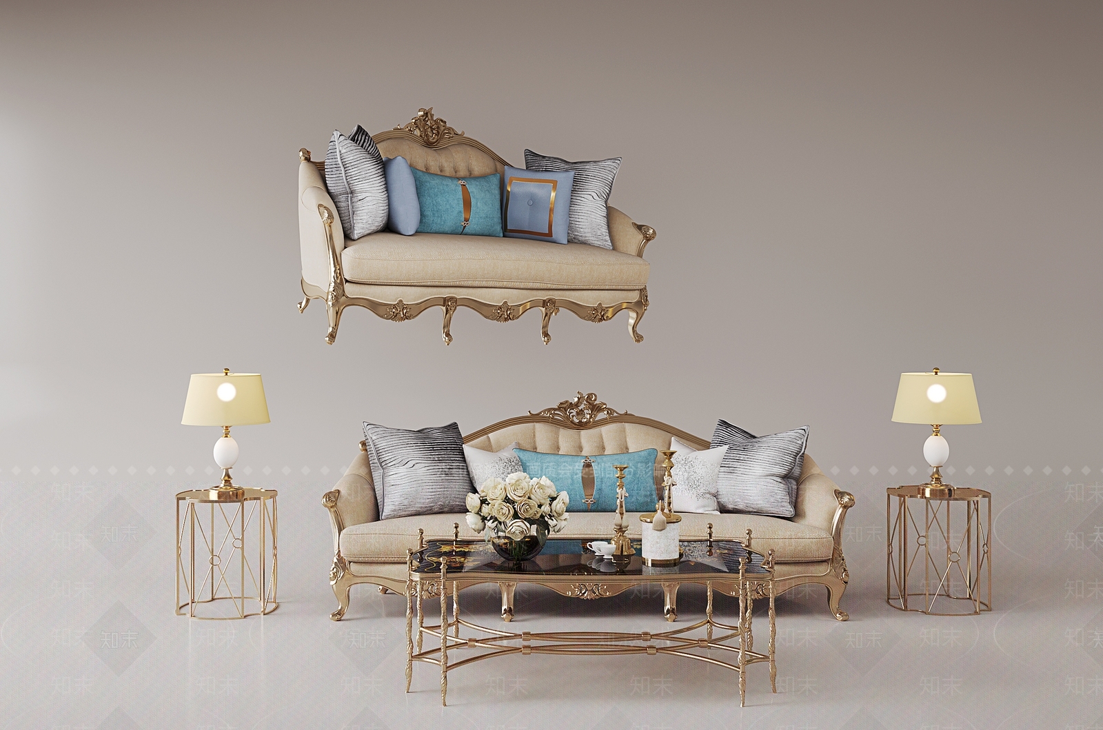 欧式多人沙发茶几组合SU模型下载【ID:1151058321】