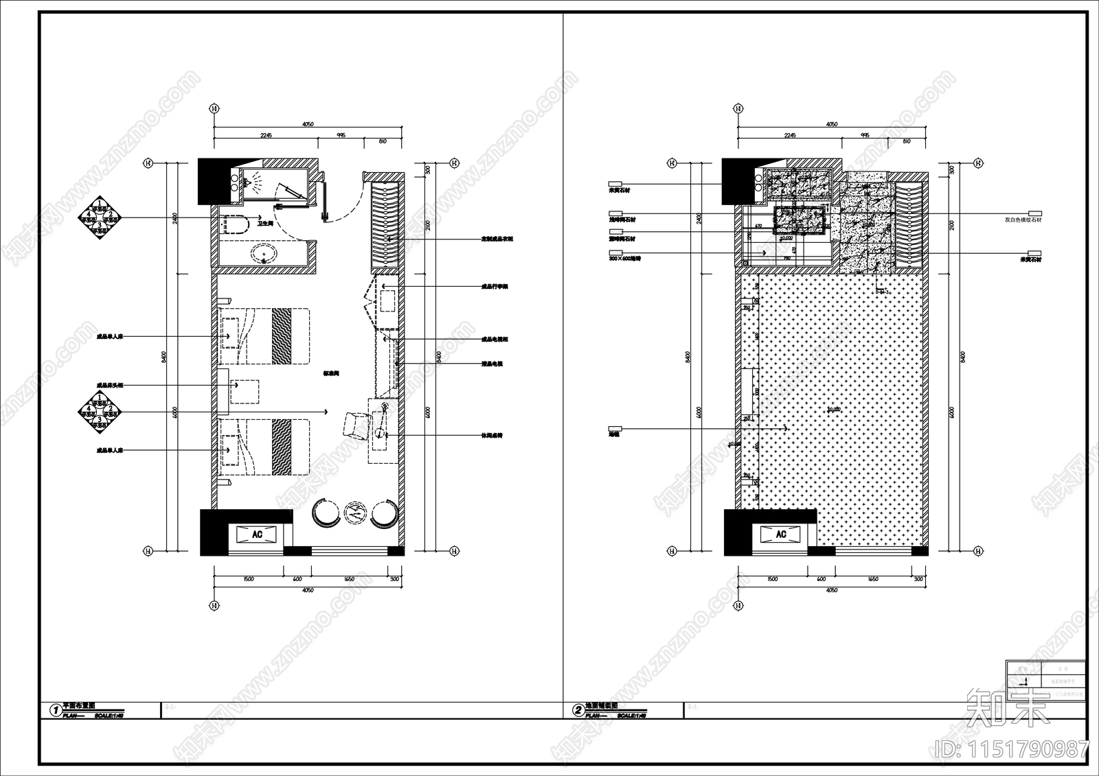 现代风格酒店客房施工图cad施工图下载【ID:1151790987】