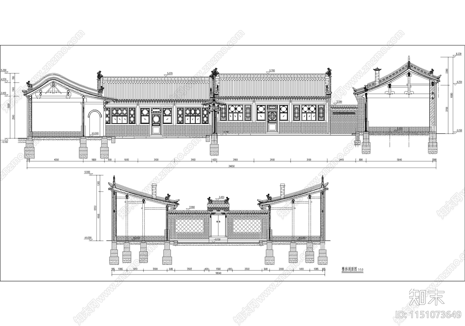 北方古城仿古四合院二进院建筑施工图下载【ID:1151073649】