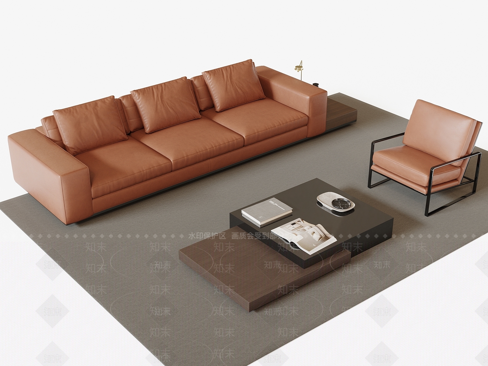 现代皮质沙发茶几组合SU模型下载【ID:1151087980】