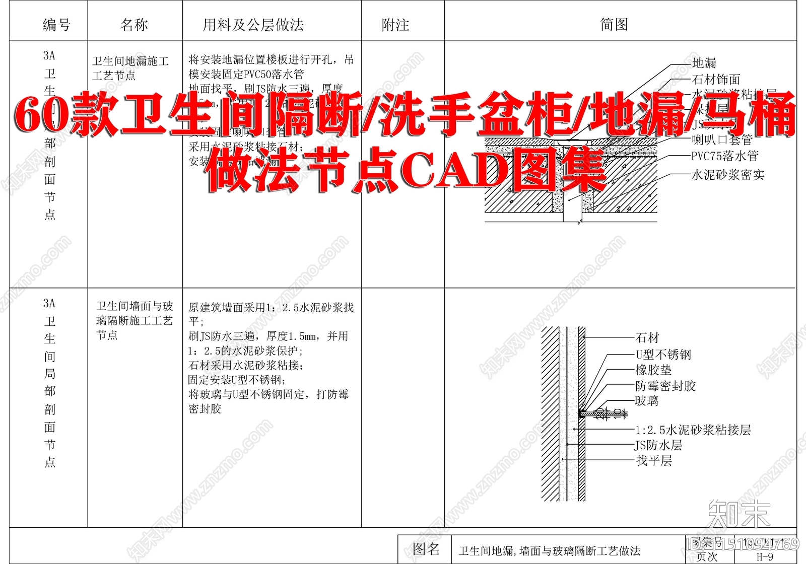 60款卫生间隔断洗手盆柜地漏马桶做法节点施工图下载【ID:1151094769】