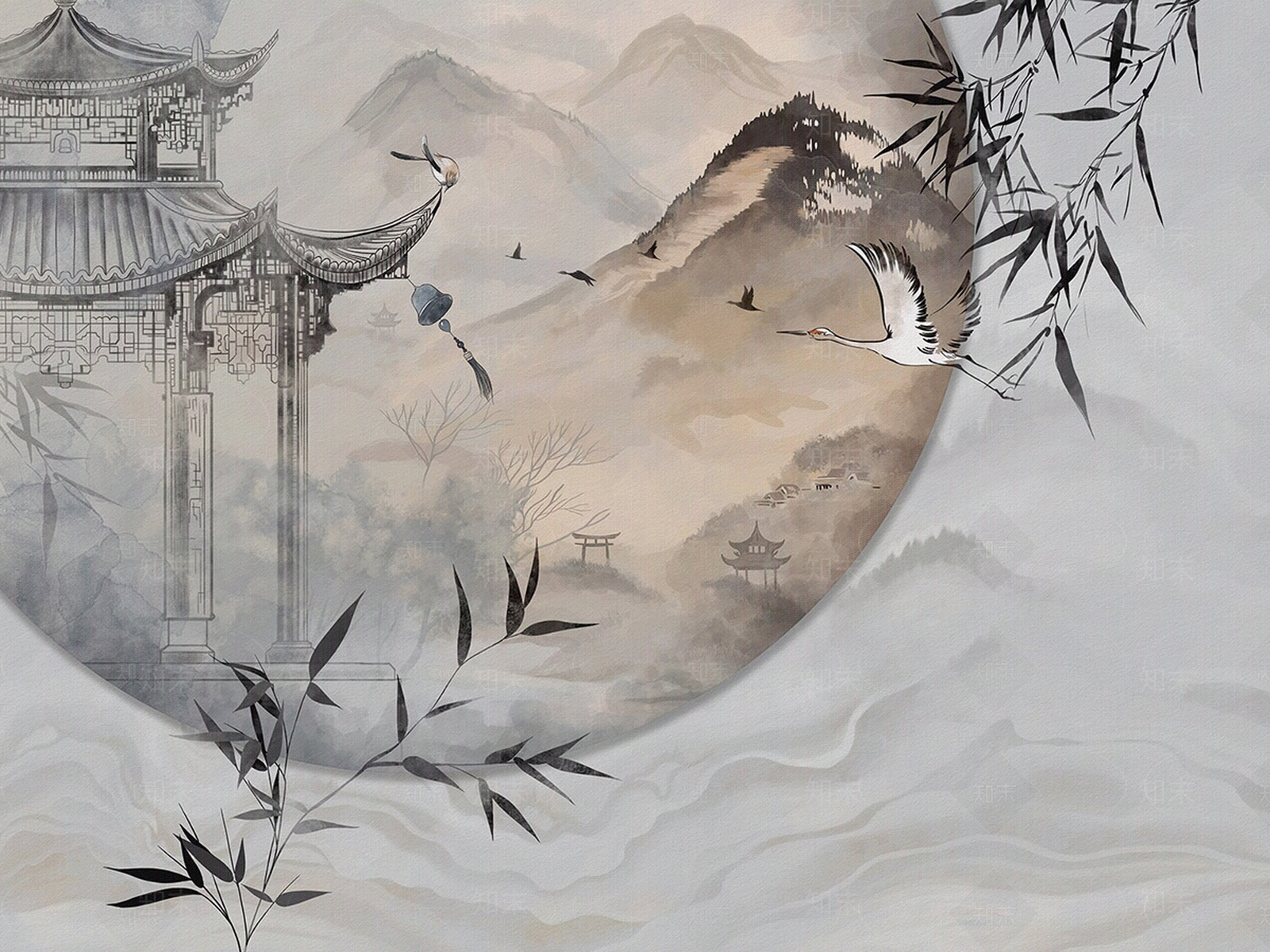 艺轩新中式东方风格山水竹子楼阁飞鹤壁纸贴图下载【ID:1151108921】