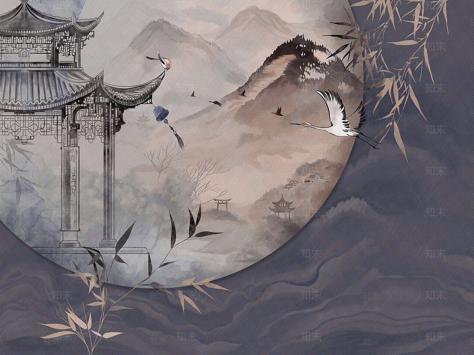 艺轩新中式东方风格山水竹子楼阁飞鹤壁纸贴图下载【ID:1151109144】