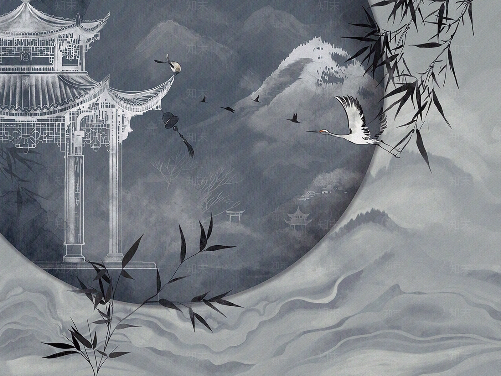 艺轩新中式东方风格山水竹子楼阁飞鹤壁纸贴图下载【ID:1151109117】