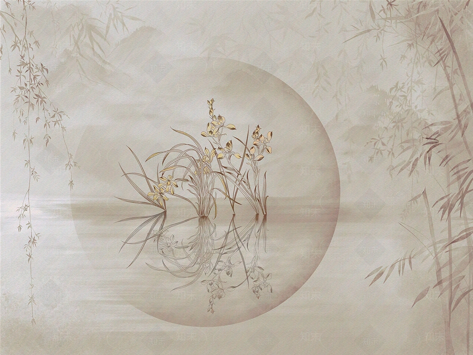 艺轩新中式东方风格山水兰花壁画贴图下载【ID:1151110083】