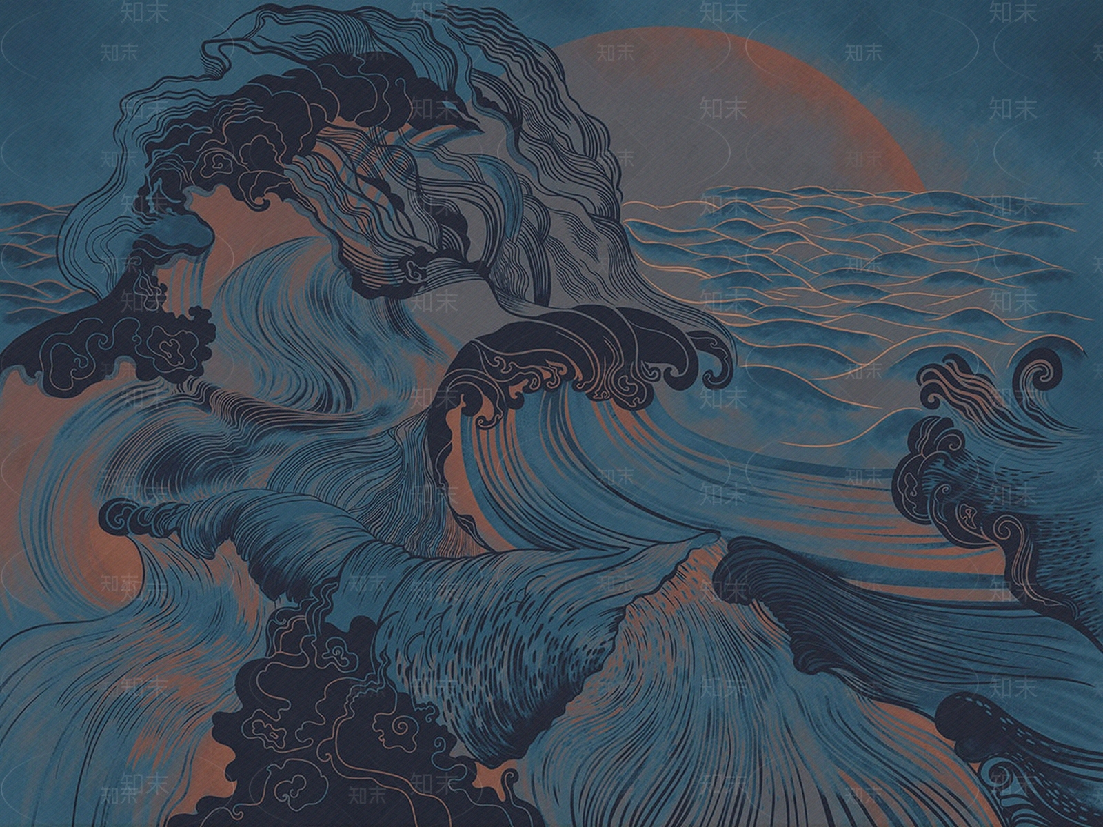 艺轩新中式东方风格山水浪潮壁纸贴图下载【ID:1151110646】