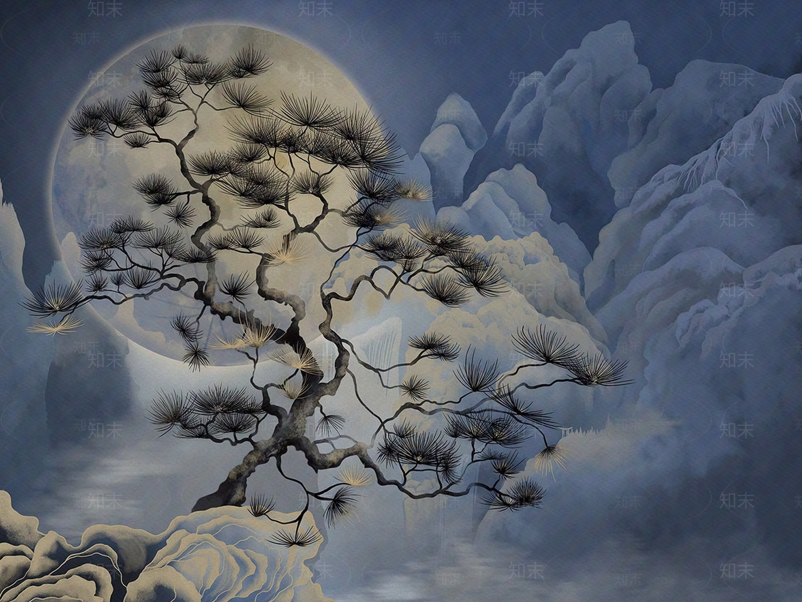 艺轩新中式东方风格迎客松山水壁纸贴图下载【ID:1151110840】