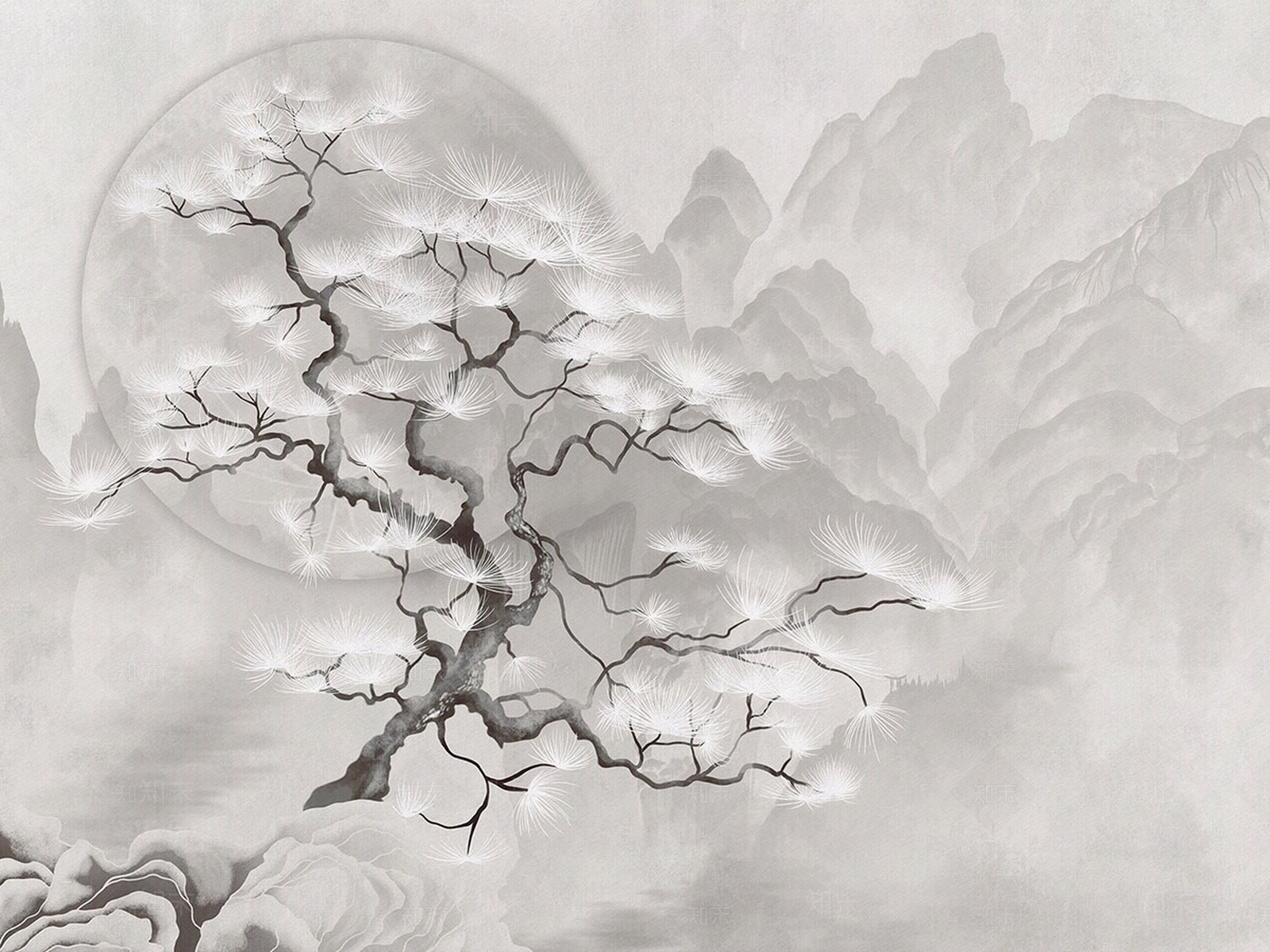 艺轩新中式东方风格迎客松山水壁纸贴图下载【ID:1151110876】