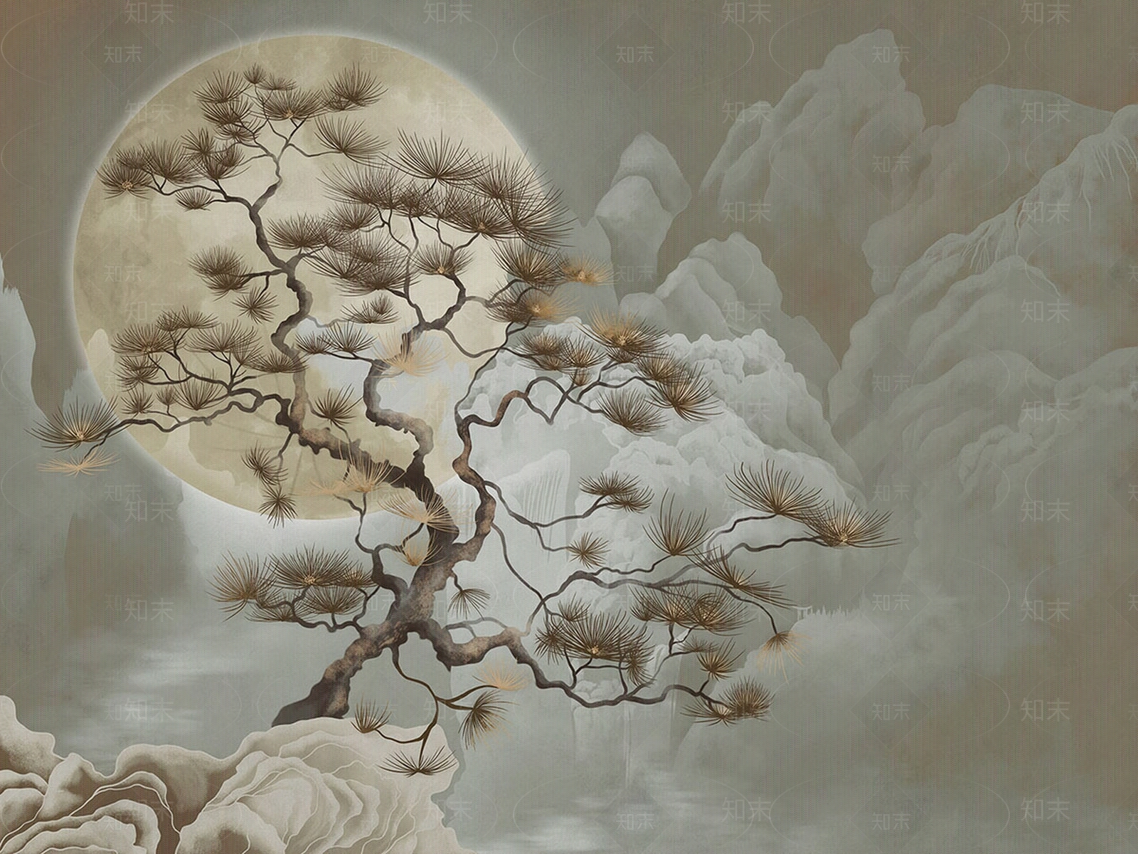 艺轩新中式东方风格迎客松山水壁纸贴图下载【ID:1151110957】