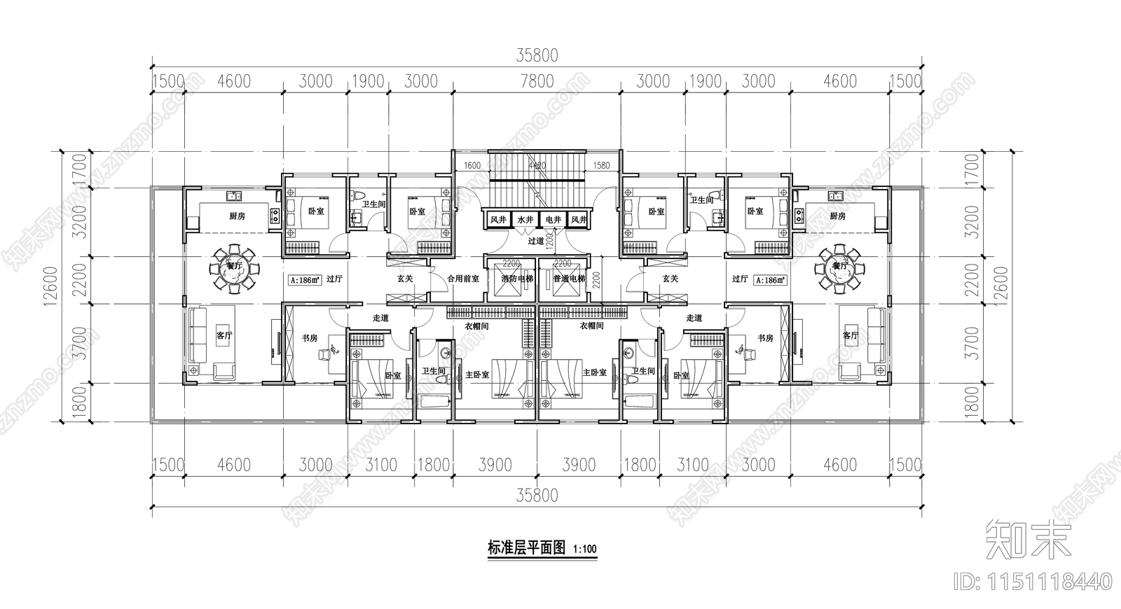 现代2023最新住宅户型一梯两户室内施工图下载【ID:1151118440】