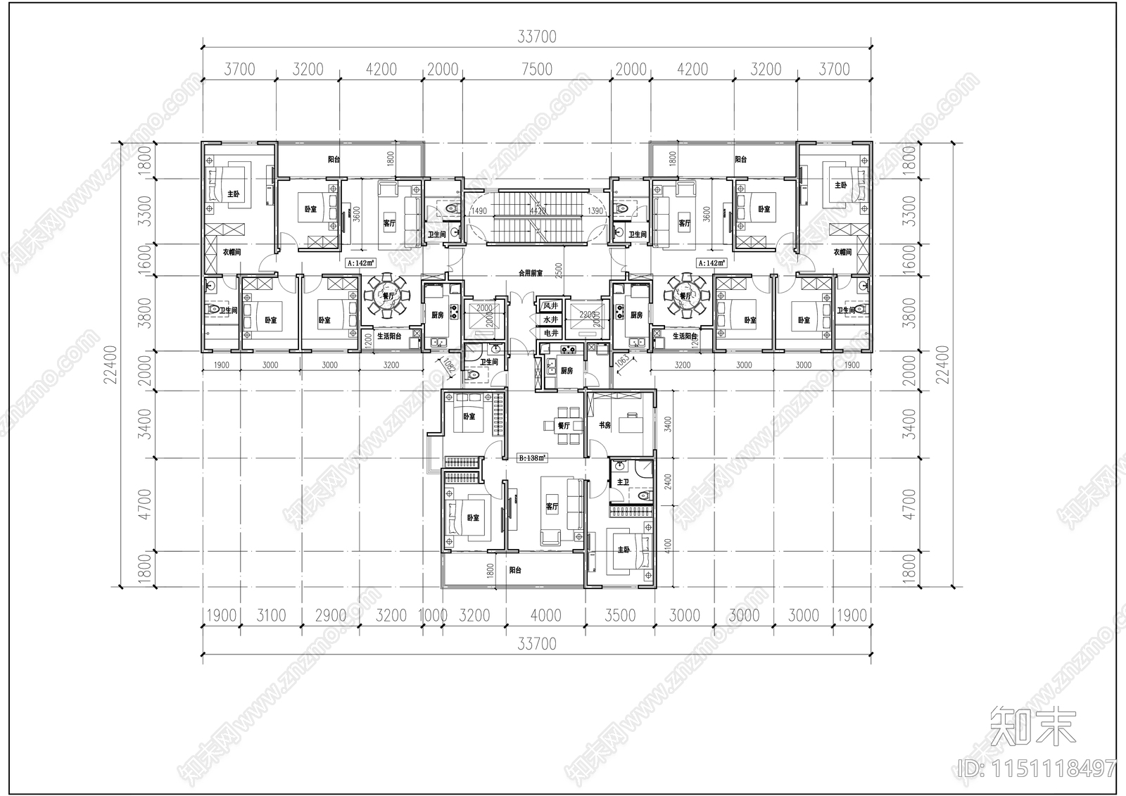 现代2023最新住宅户型一梯三户室内cad施工图下载【ID:1151118497】