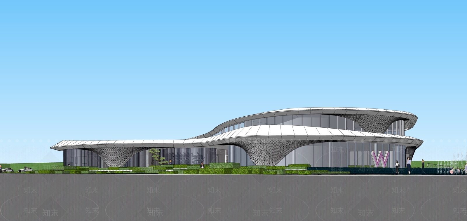 现代弧形展览馆建筑SU模型下载【ID:1151126530】