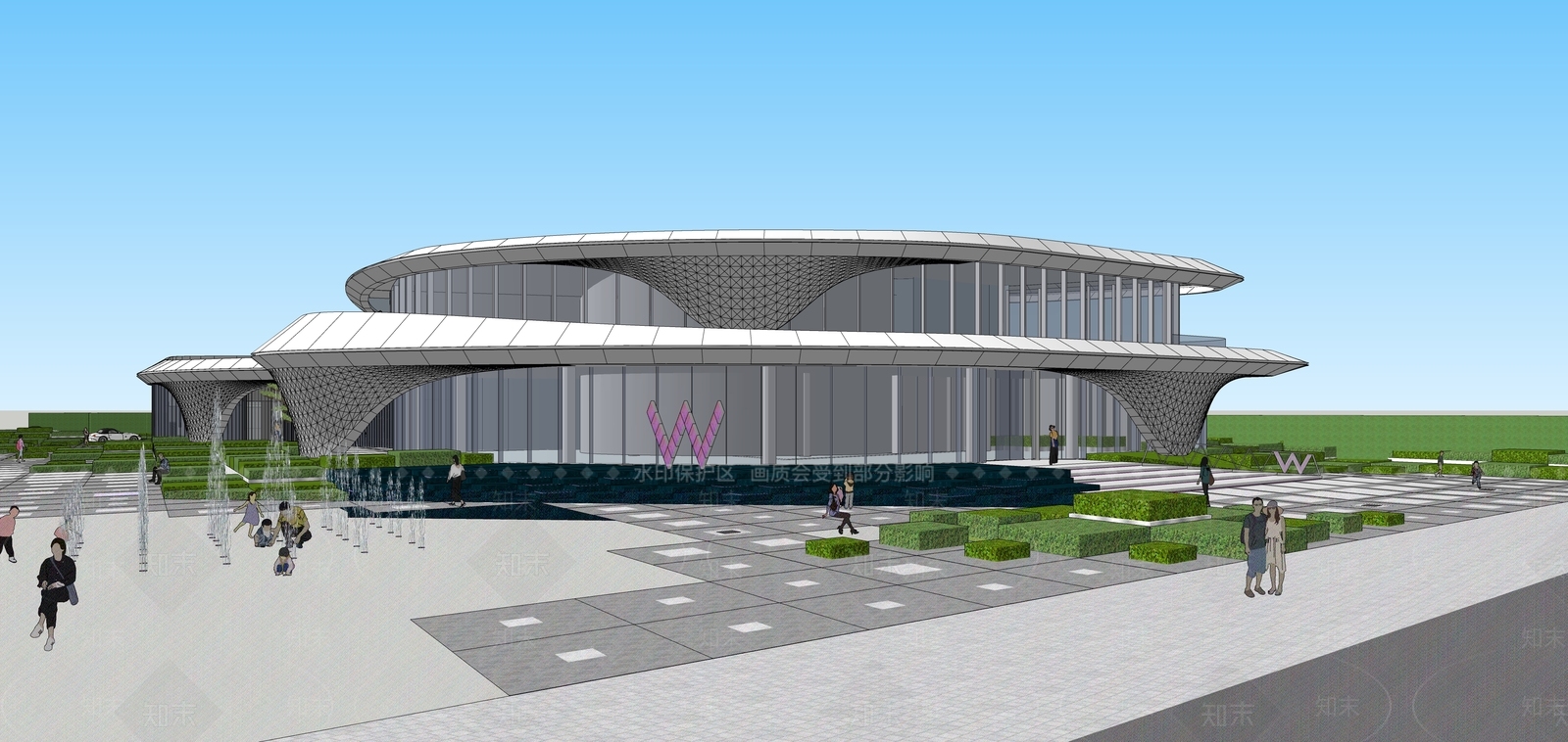 现代弧形展览馆建筑SU模型下载【ID:1151126530】