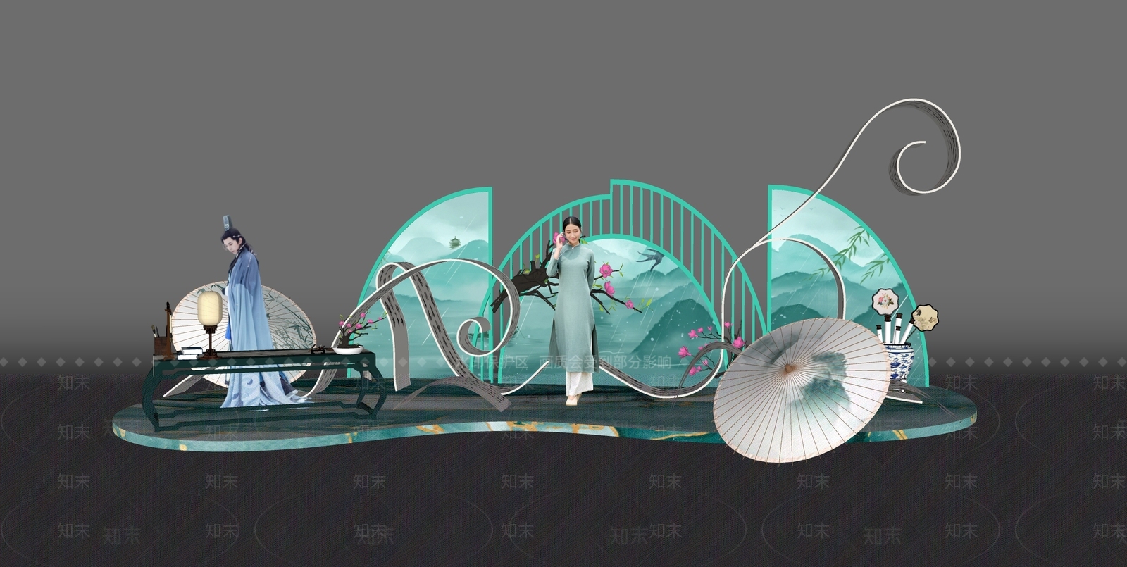 新中式山水画卷美陈SU模型下载【ID:1151127309】