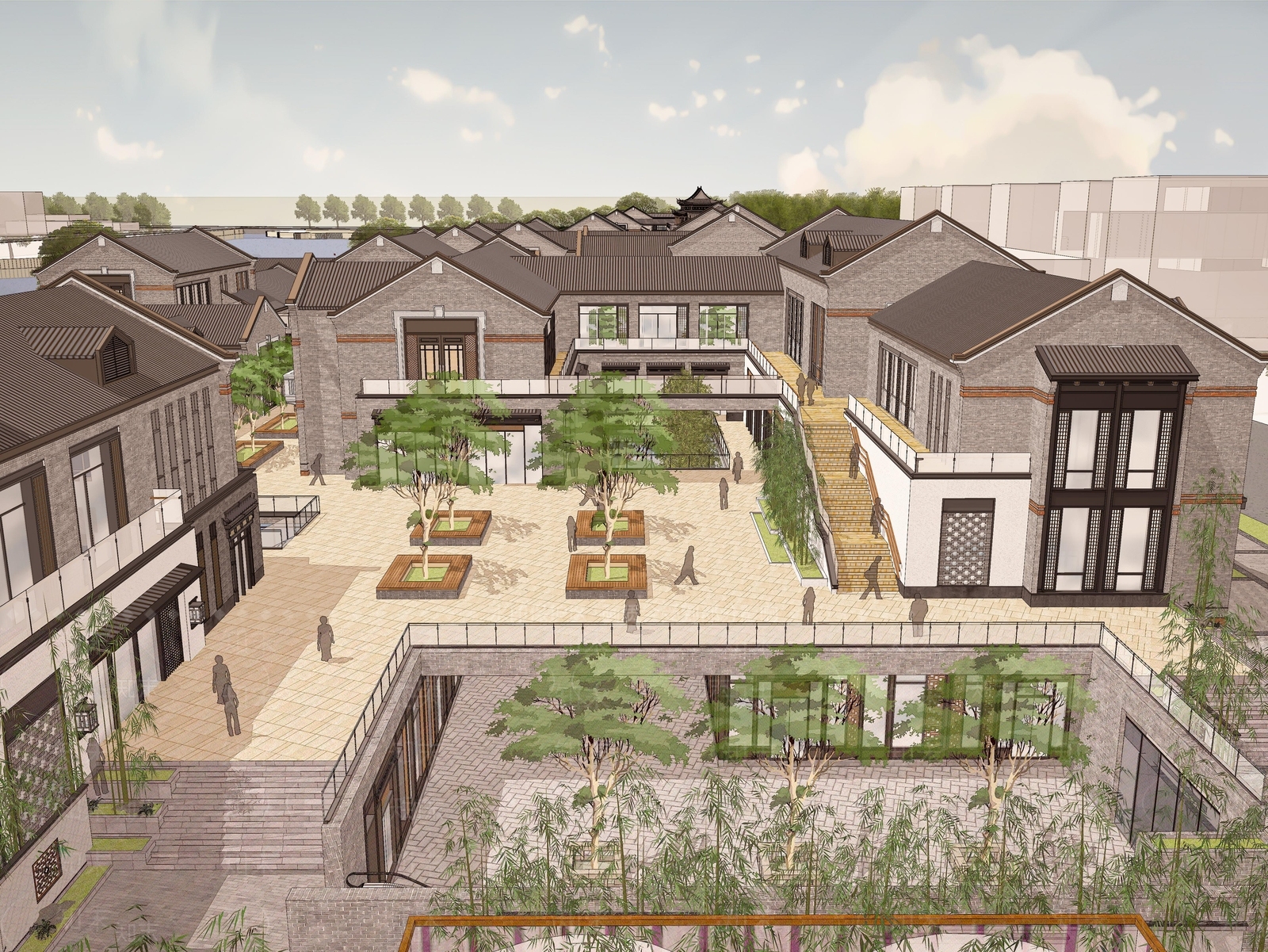 中式青砖复古风滨水商业街区SU模型下载【ID:1151128611】