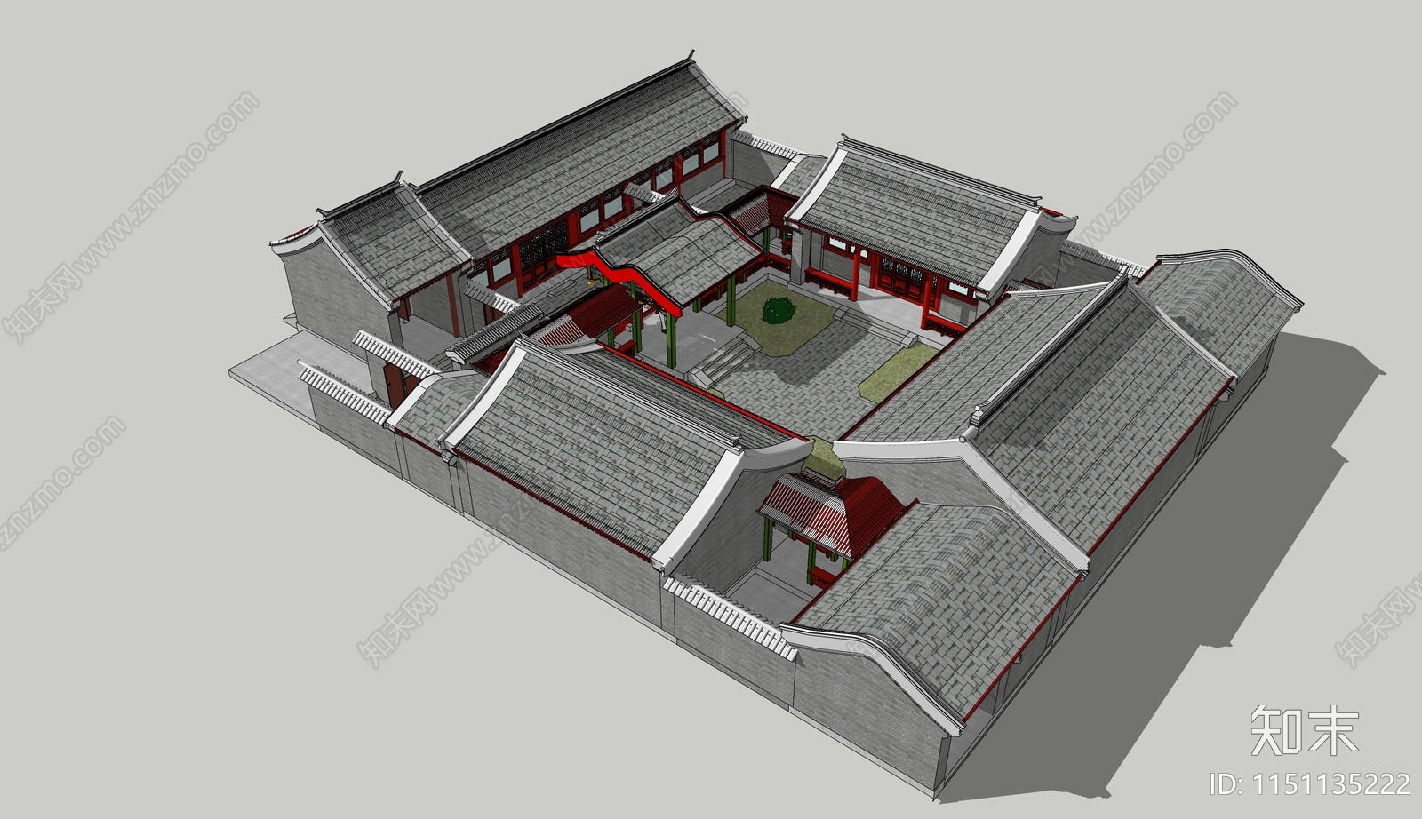 中式两进四合院SU模型下载【ID:1151135222】