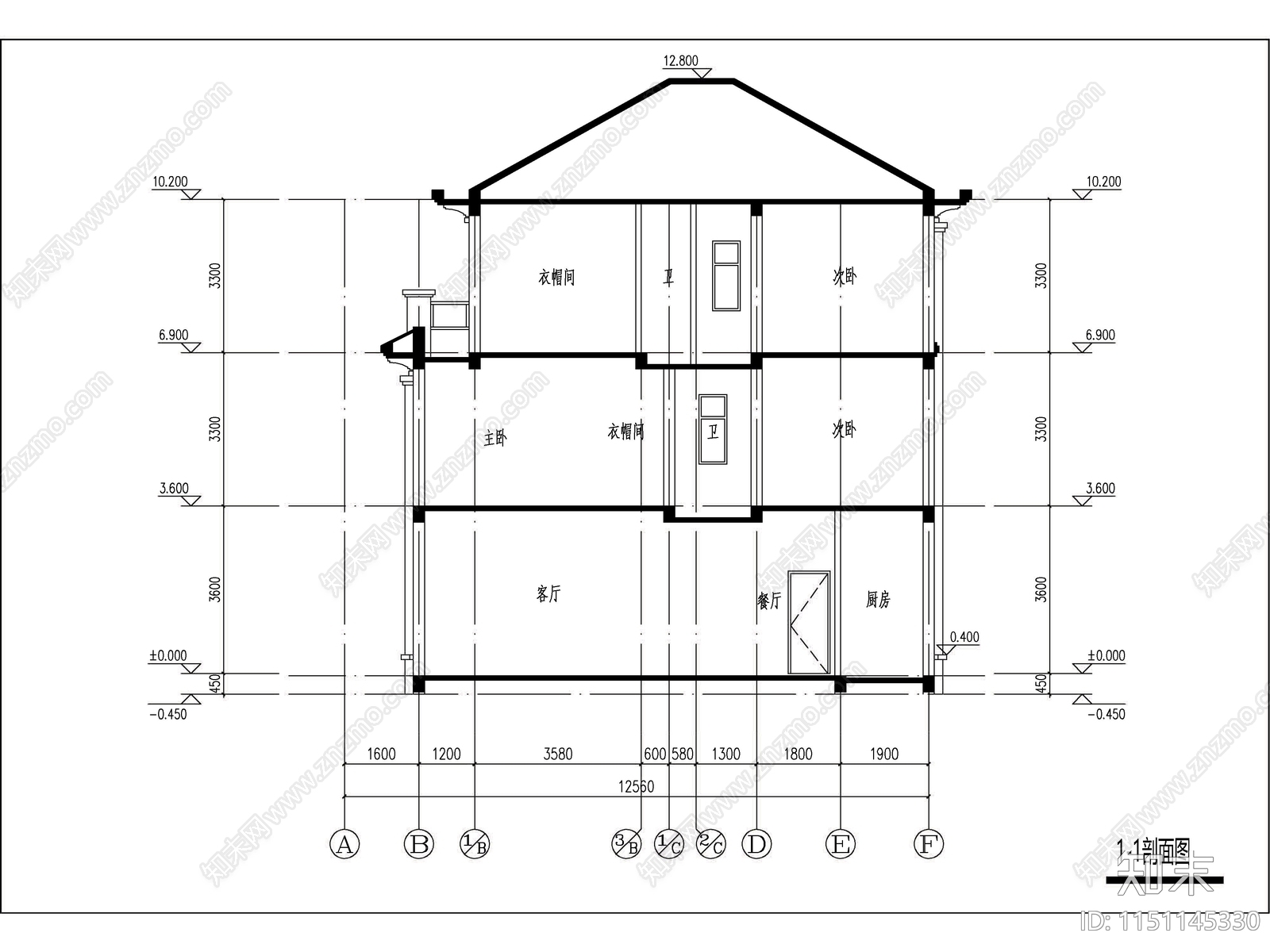 新中式三层独栋别墅建筑cad施工图下载【ID:1151145330】