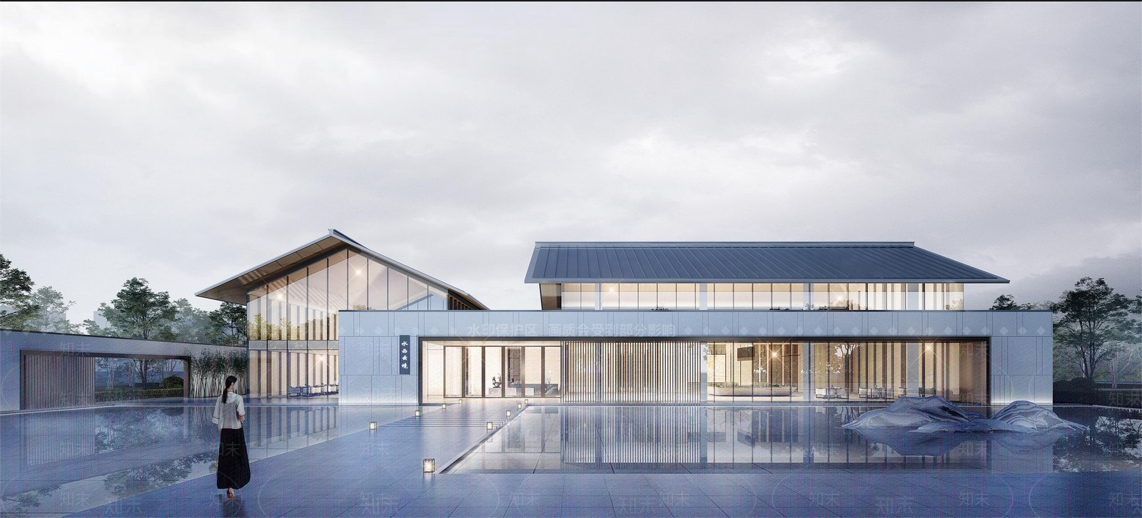 新中式坡屋顶售楼处建筑SU模型下载【ID:1151148558】