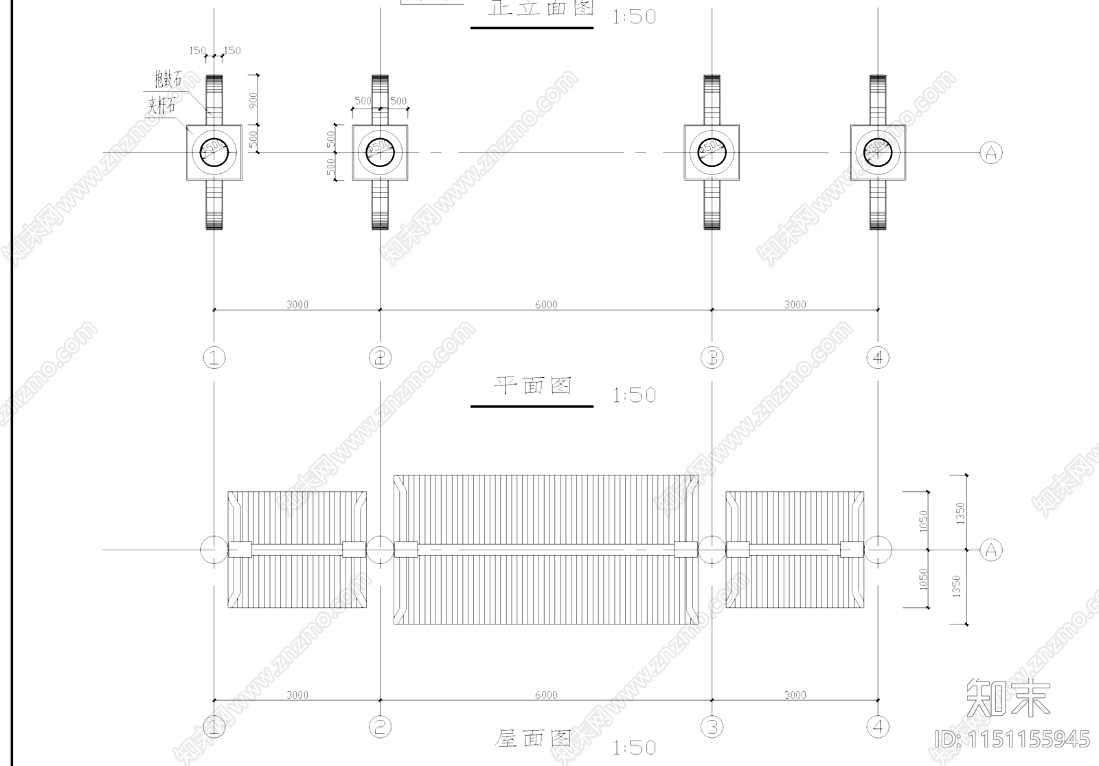 中式四柱三间三楼出头古建牌坊牌楼施工图集cad施工图下载【ID:1151155945】