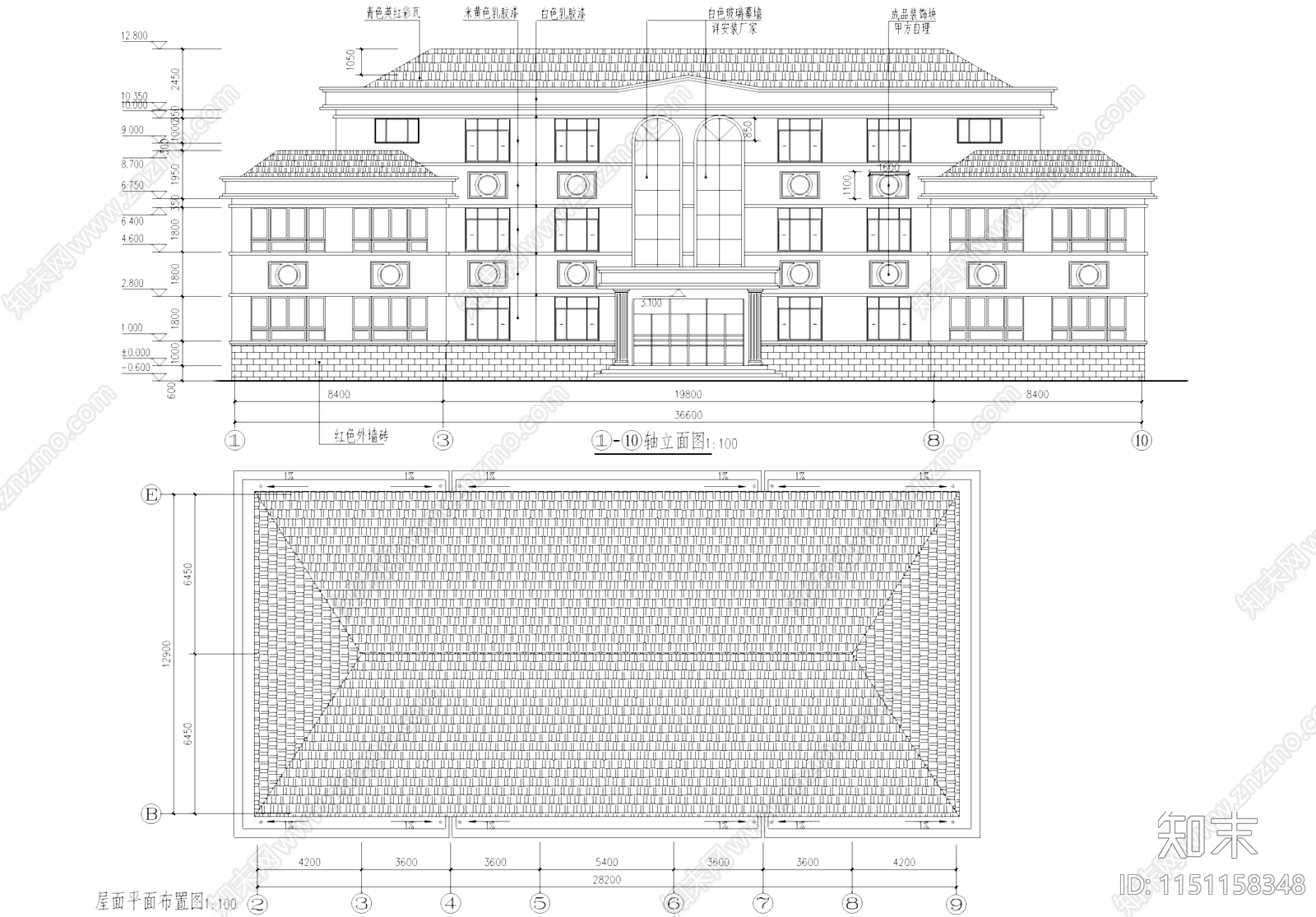 欧式坡屋顶三层办公楼建筑施工图下载【ID:1151158348】