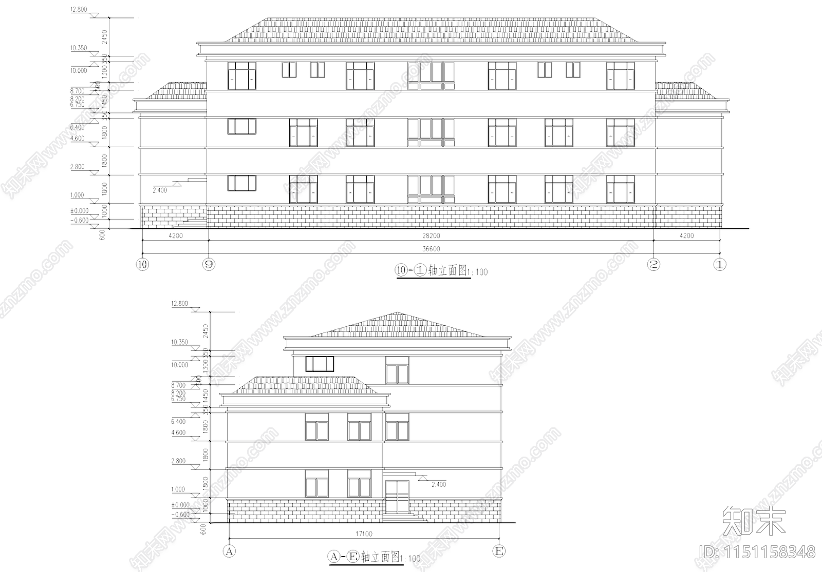 欧式坡屋顶三层办公楼建筑cad施工图下载【ID:1151158348】