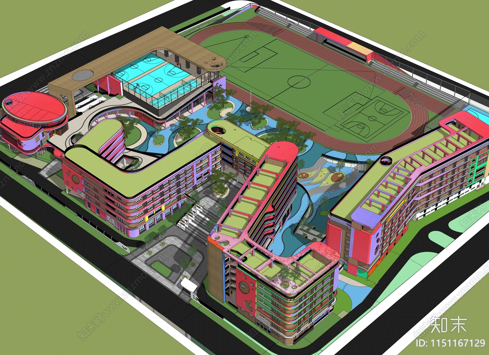 现代彩色流线造型学校景观SU模型下载【ID:1151167129】