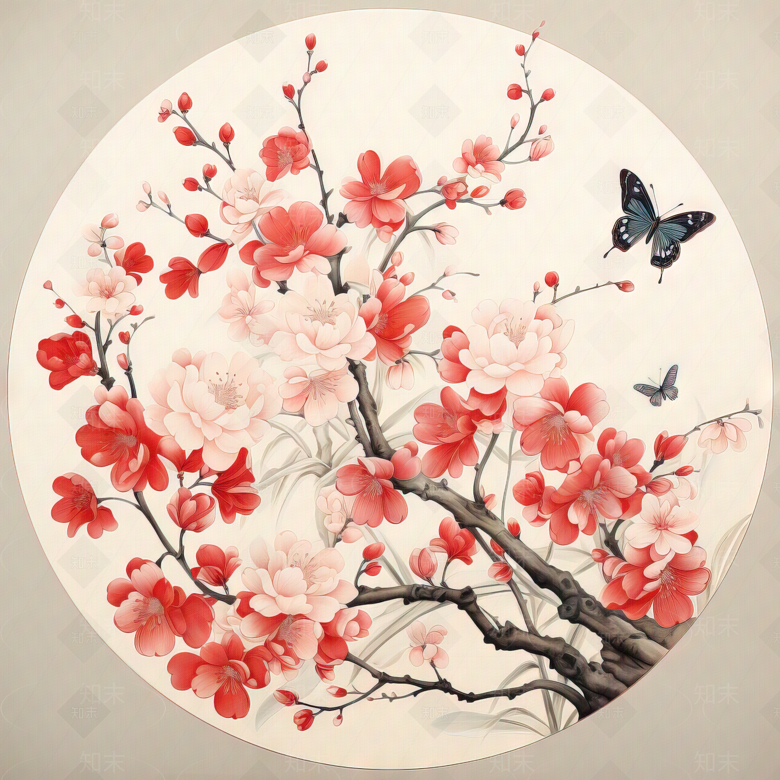 中式花卉蝴蝶装饰画贴图下载【ID:1151187739】