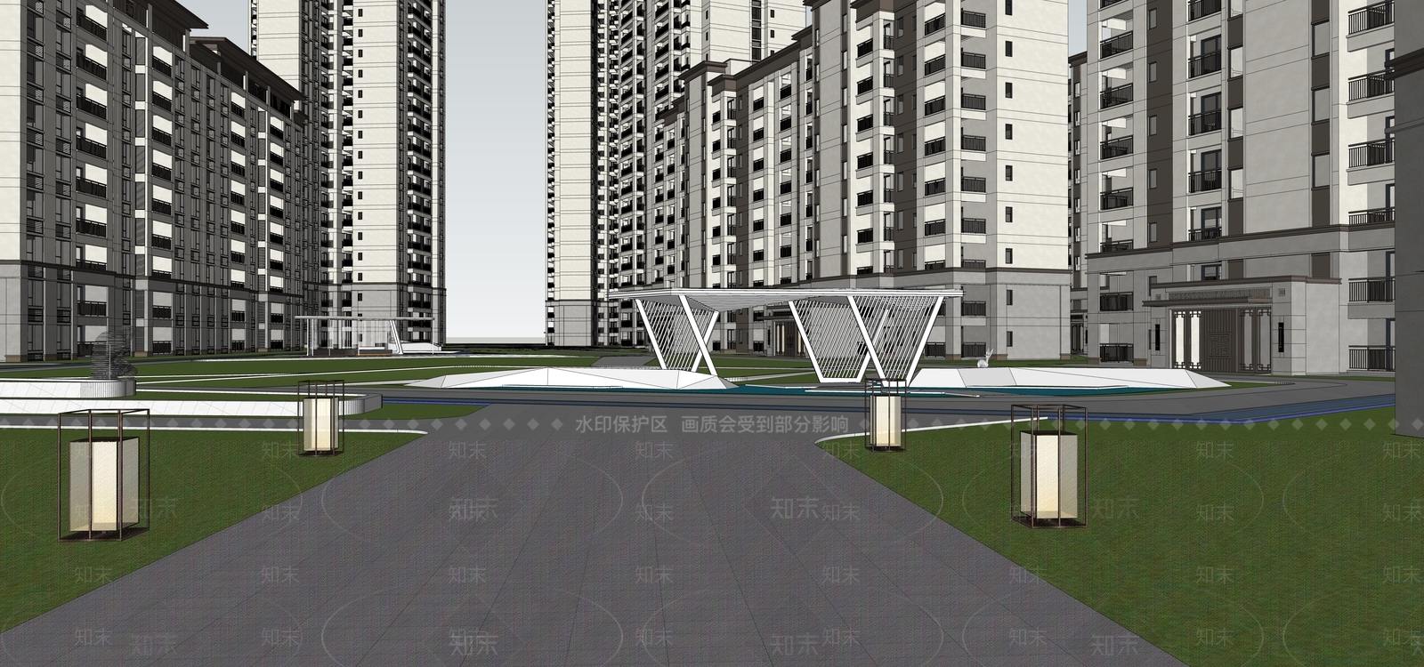 现代风格住宅小区景观SU模型下载【ID:1151199496】