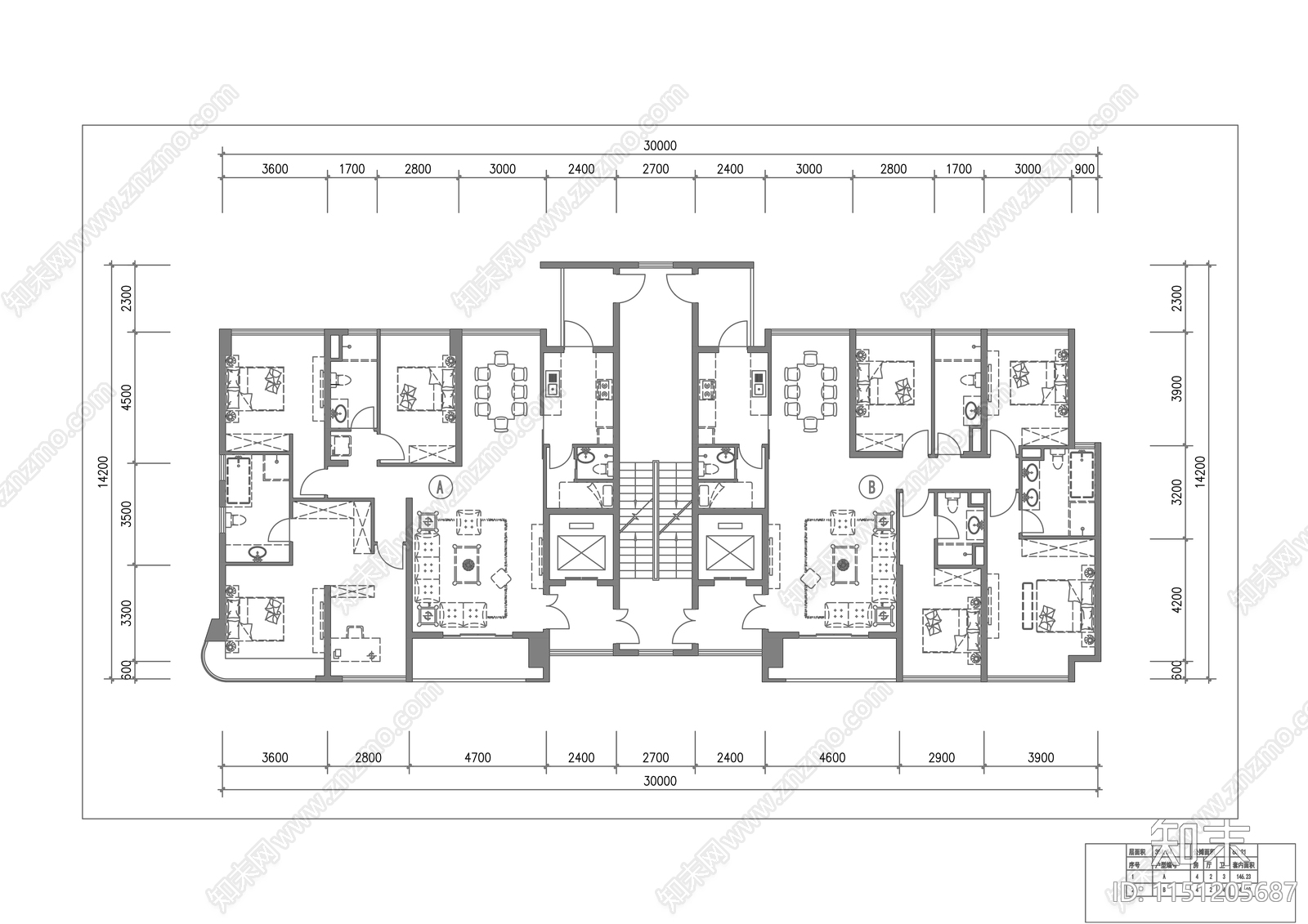 现代高层住宅一梯两户平面cad施工图下载【ID:1151205687】