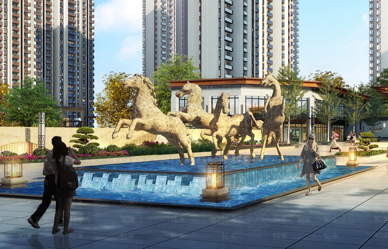 现代入口万马奔腾马雕塑水景SU模型下载【ID:1151214998】