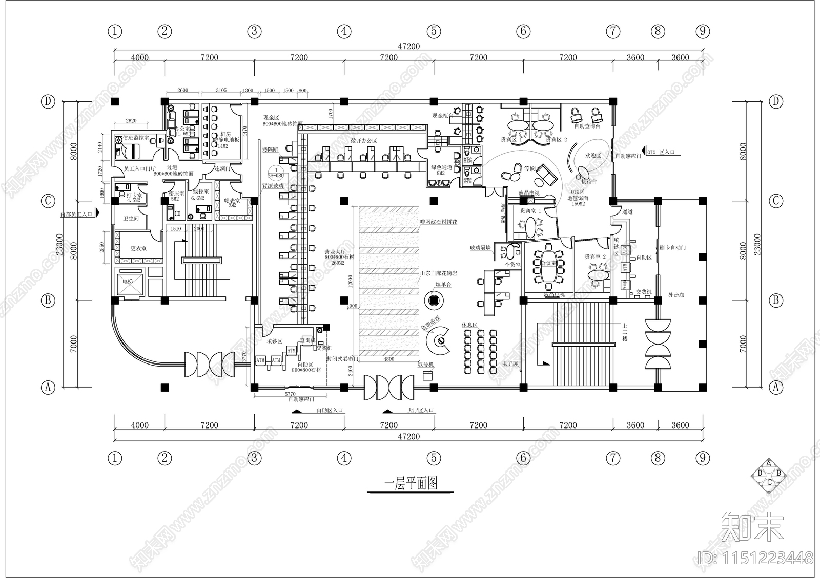 某银行办公楼室内cad施工图下载【ID:1151223448】