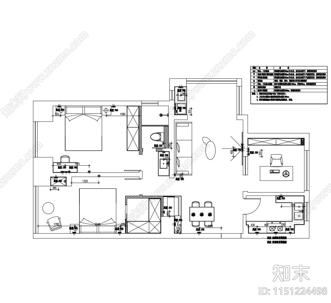 美式田园风家装平面cad施工图下载【ID:1151224498】
