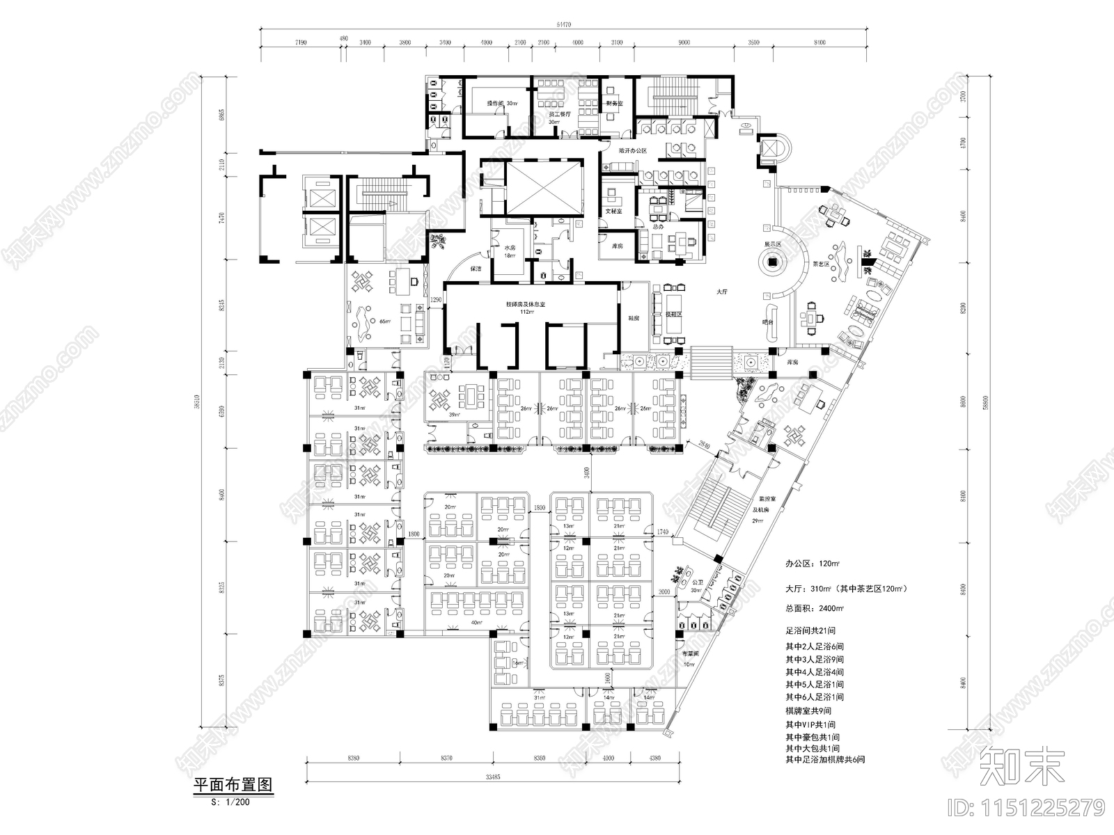 足浴平面图cad施工图下载【ID:1151225279】