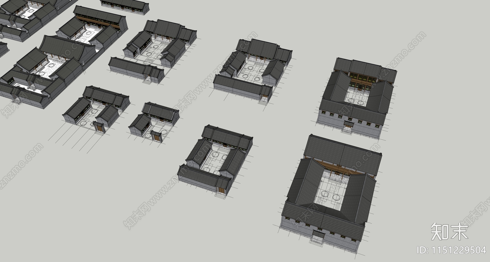 中式四合院院落组合SU模型下载【ID:1151229504】