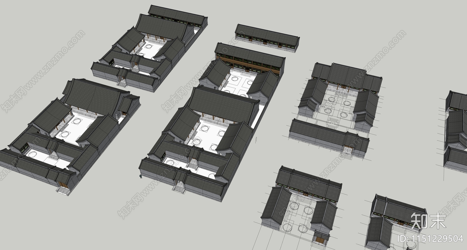中式四合院院落组合SU模型下载【ID:1151229504】
