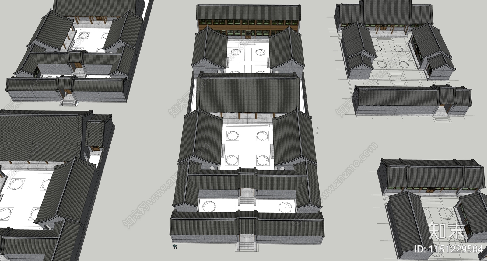 中式四合院院落组合SU模型下载【ID:1151229504】